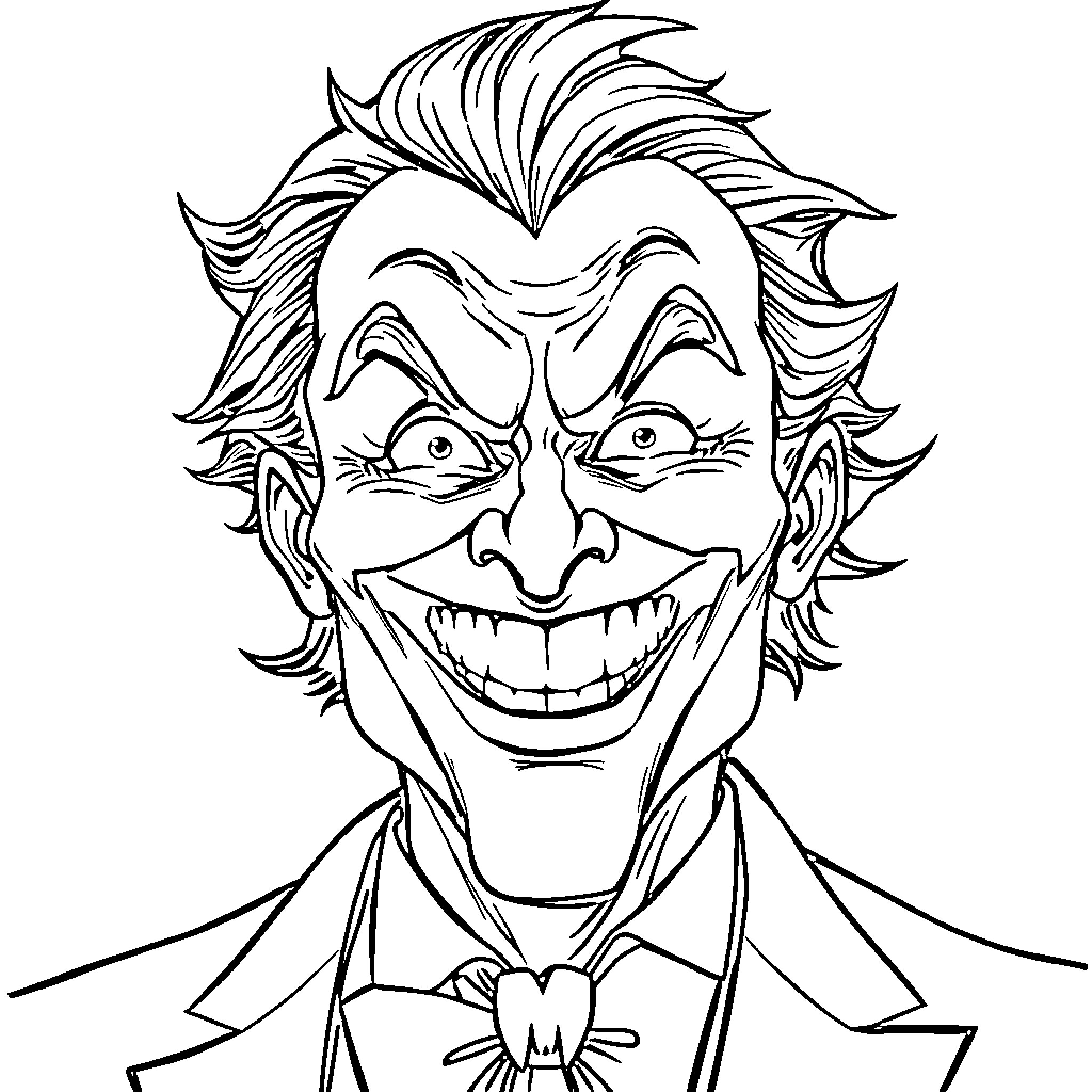 Joker's Mischievous Grin and Iconic Look Coloring Page (free black-and-white line drawing printable PDF for all, from beginners to advanced learners, including children, teens, adults, and seniors)