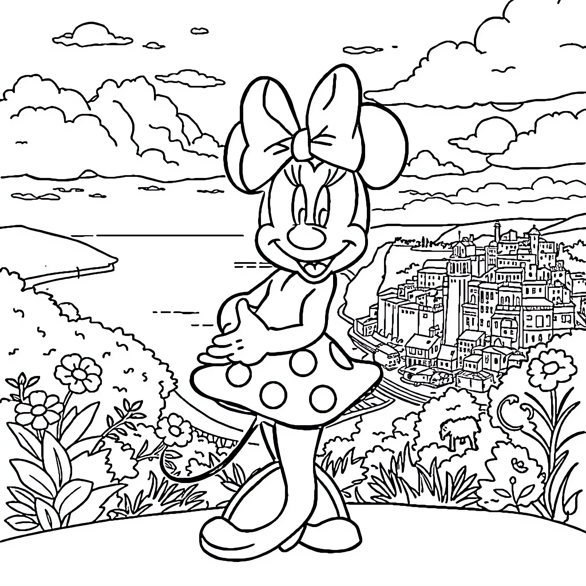 Minnie exploring the beautiful city landscape Coloring Page (free black-and-white line drawing printable PDF for all, from beginners to advanced learners, including children, teens, adults, and seniors)