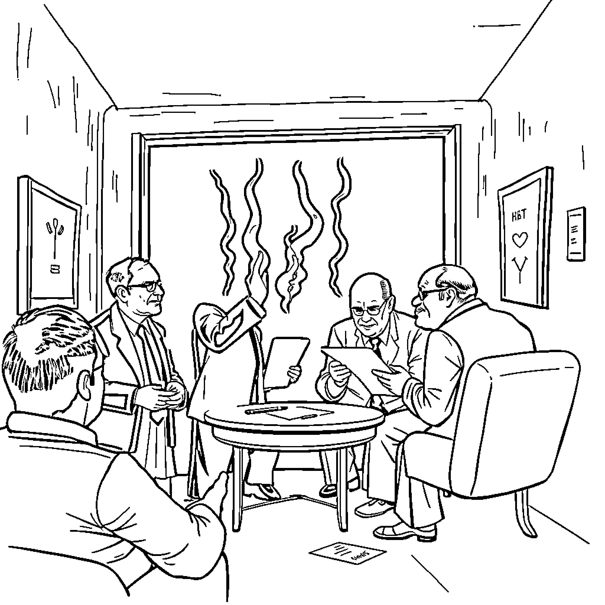 Corruption in the Boardroom: Shady Dealings and Smoke-Filled Discussions Coloring Page (free black-and-white line drawing printable PDF for all, from beginners to advanced learners, including children, teens, adults, and seniors)