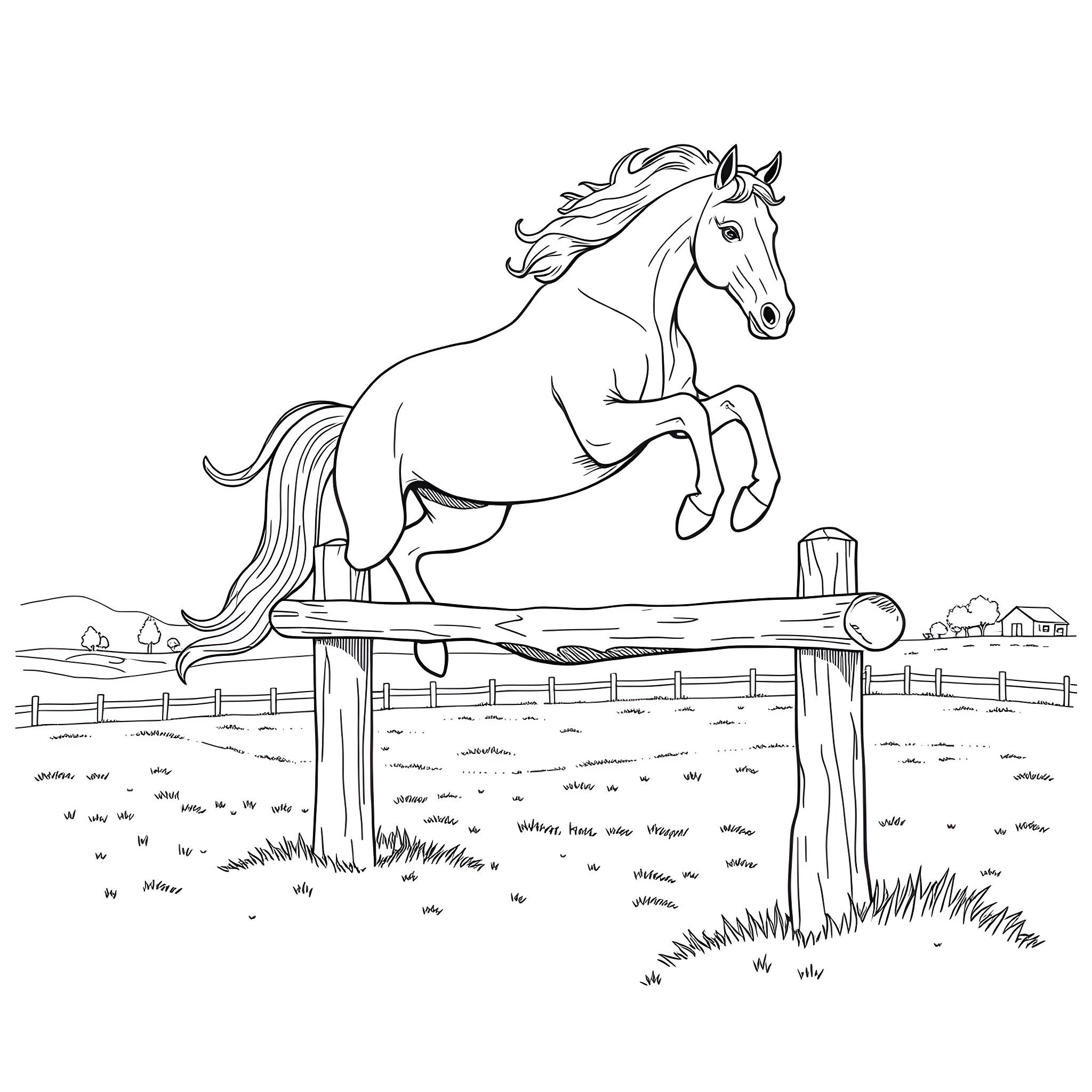 Horse jumping over fence in rural landscape Coloring Page (free black-and-white line drawing printable PDF for all, from beginners to advanced learners, including children, teens, adults, and seniors)