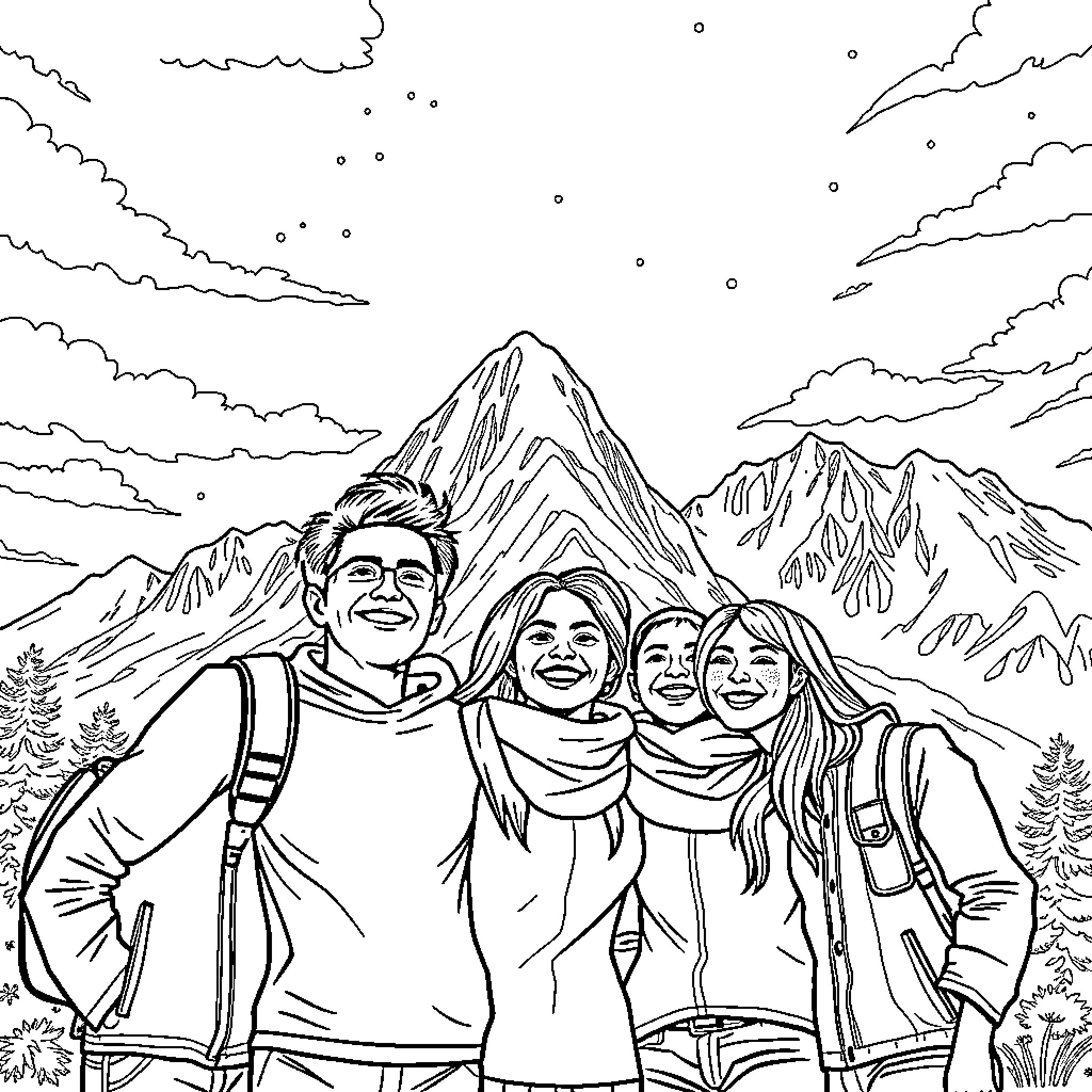 Famille enjoying outdoor adventure in snowy mountains Coloring Page (free black-and-white line drawing printable PDF for all, from beginners to advanced learners, including children, teens, adults, and seniors)