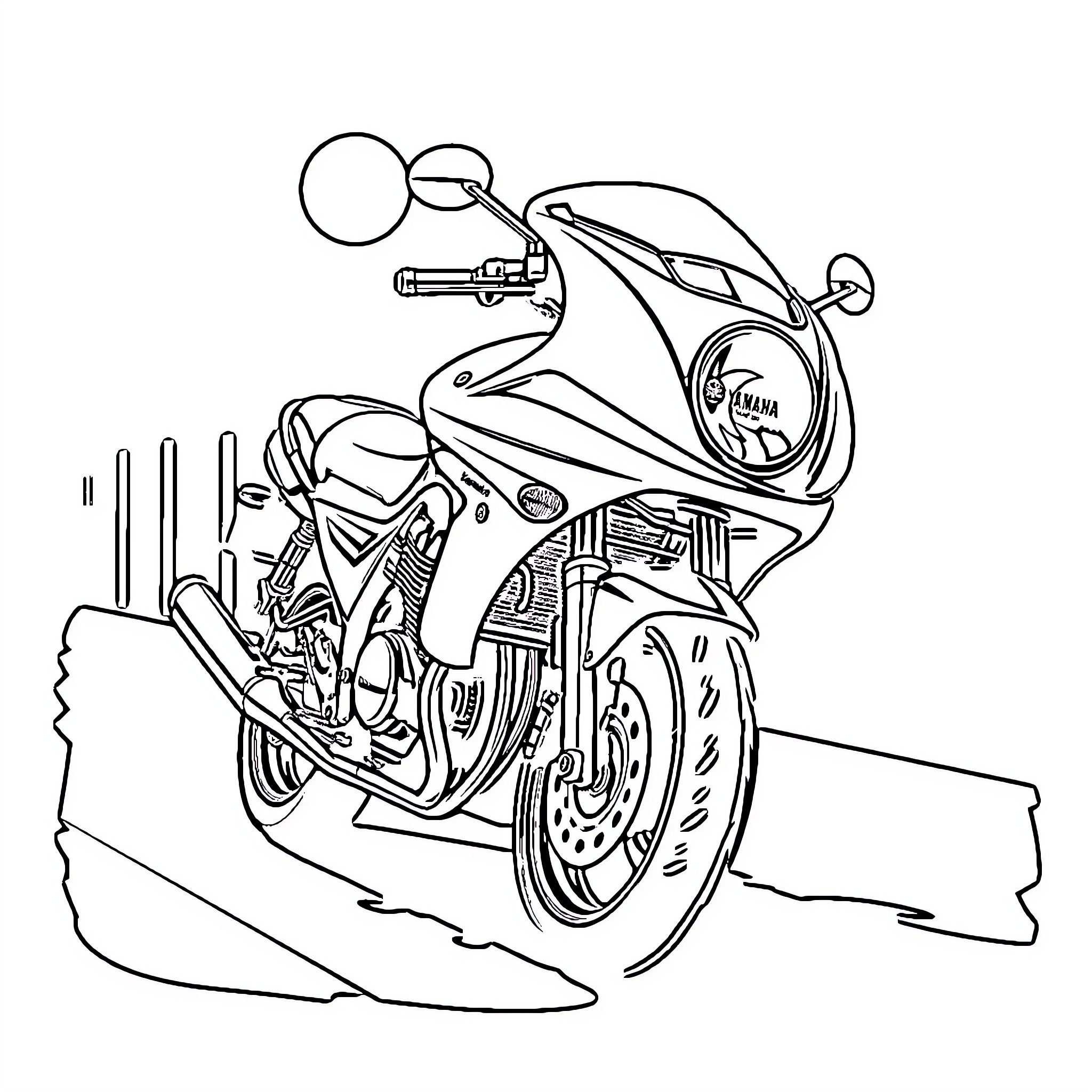 Yamaha XJ600 on the open road Coloring Page (free black-and-white line drawing printable PDF for all, from beginners to advanced learners, including children, teens, adults, and seniors)