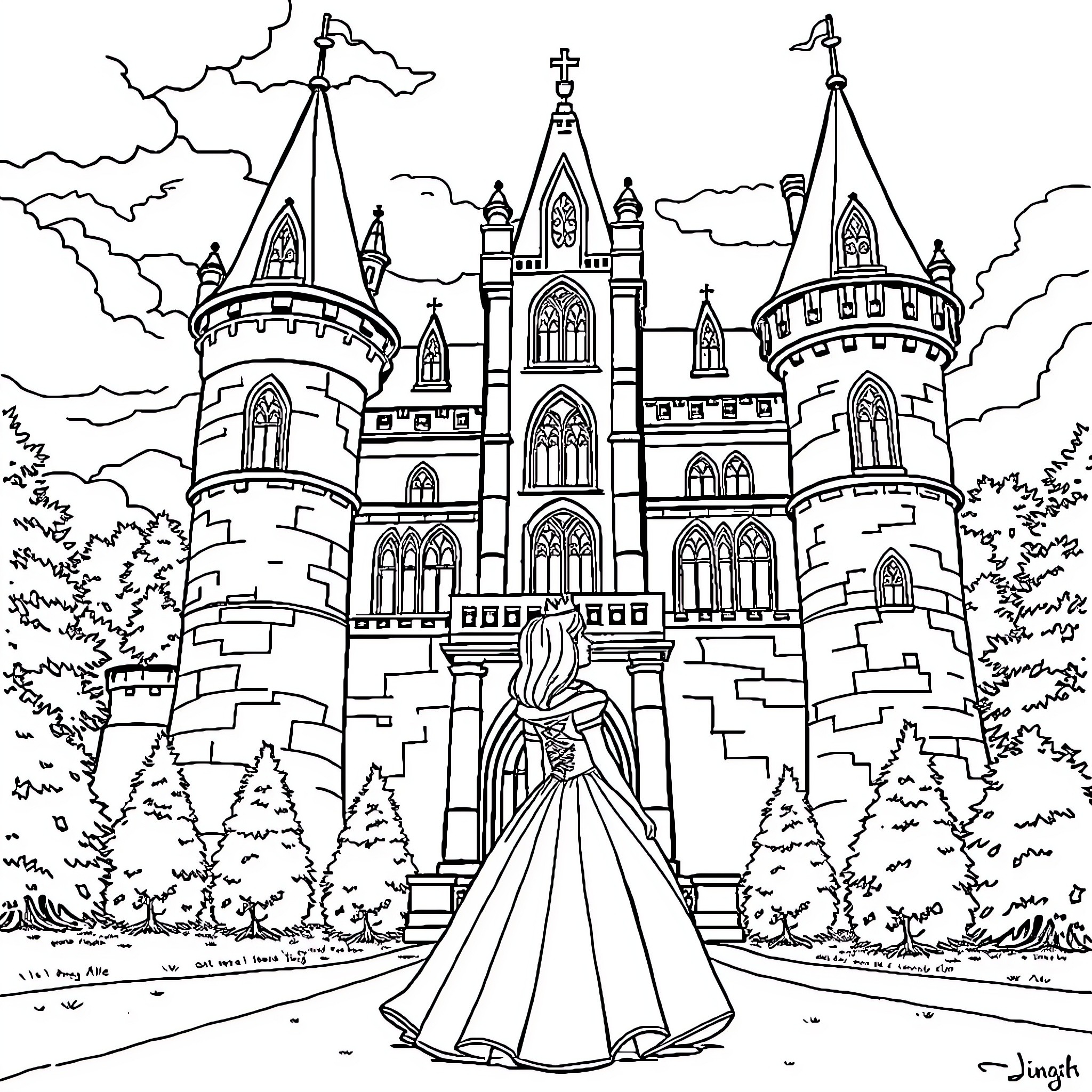 Princess Approaching a Magnificent Castle Coloring Page (free black-and-white line drawing printable PDF for all, from beginners to advanced learners, including children, teens, adults, and seniors)