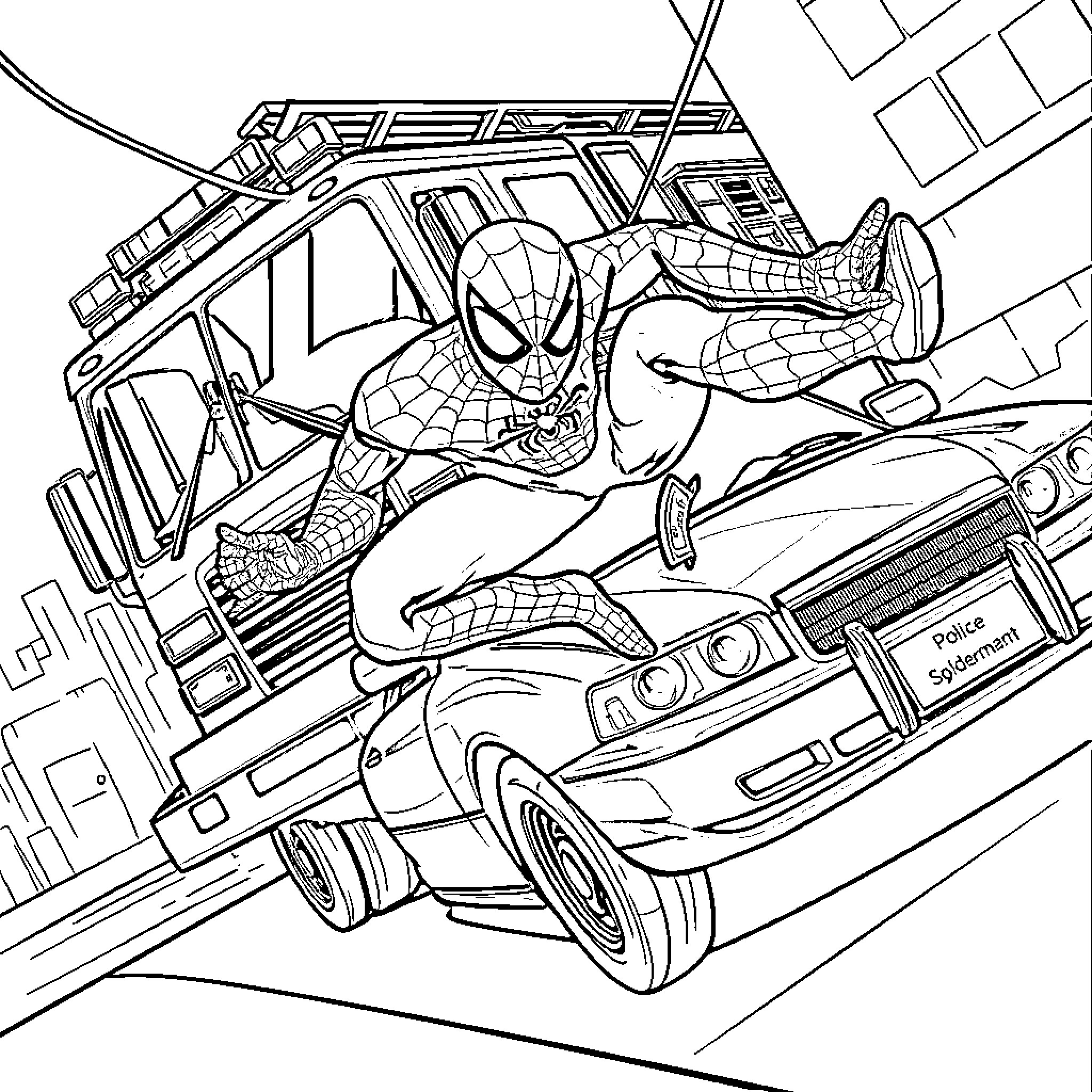 Spider-Man swinging into action in the city Coloring Page (free black-and-white line drawing printable PDF for all, from beginners to advanced learners, including children, teens, adults, and seniors)