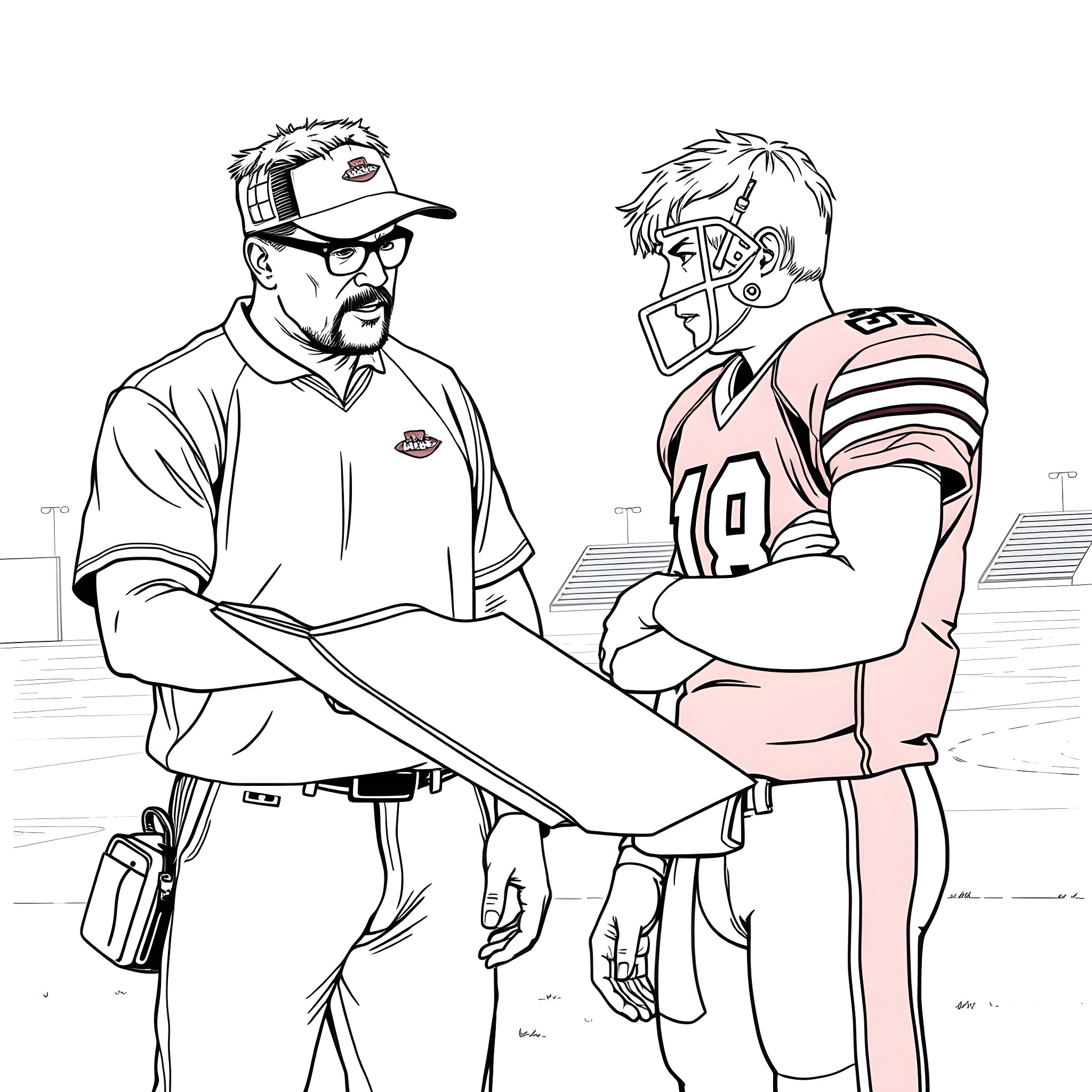 Football coaches discussing game strategy on the field Coloring Page (free black-and-white line drawing printable PDF for all, from beginners to advanced learners, including children, teens, adults, and seniors)