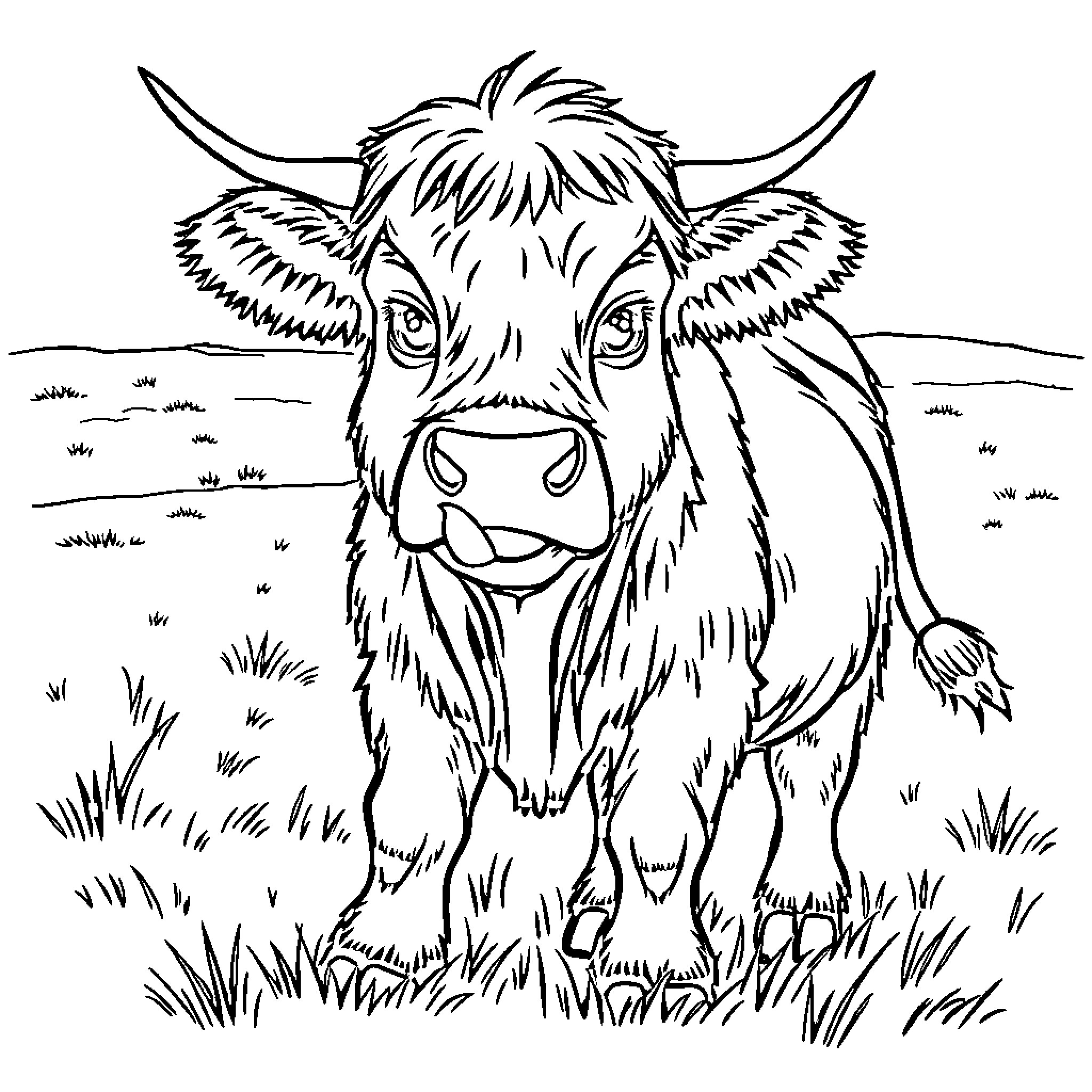 Highland Cow gazing attentively in a pastoral setting Coloring Page (free black-and-white line drawing printable PDF for all, from beginners to advanced learners, including children, teens, adults, and seniors)