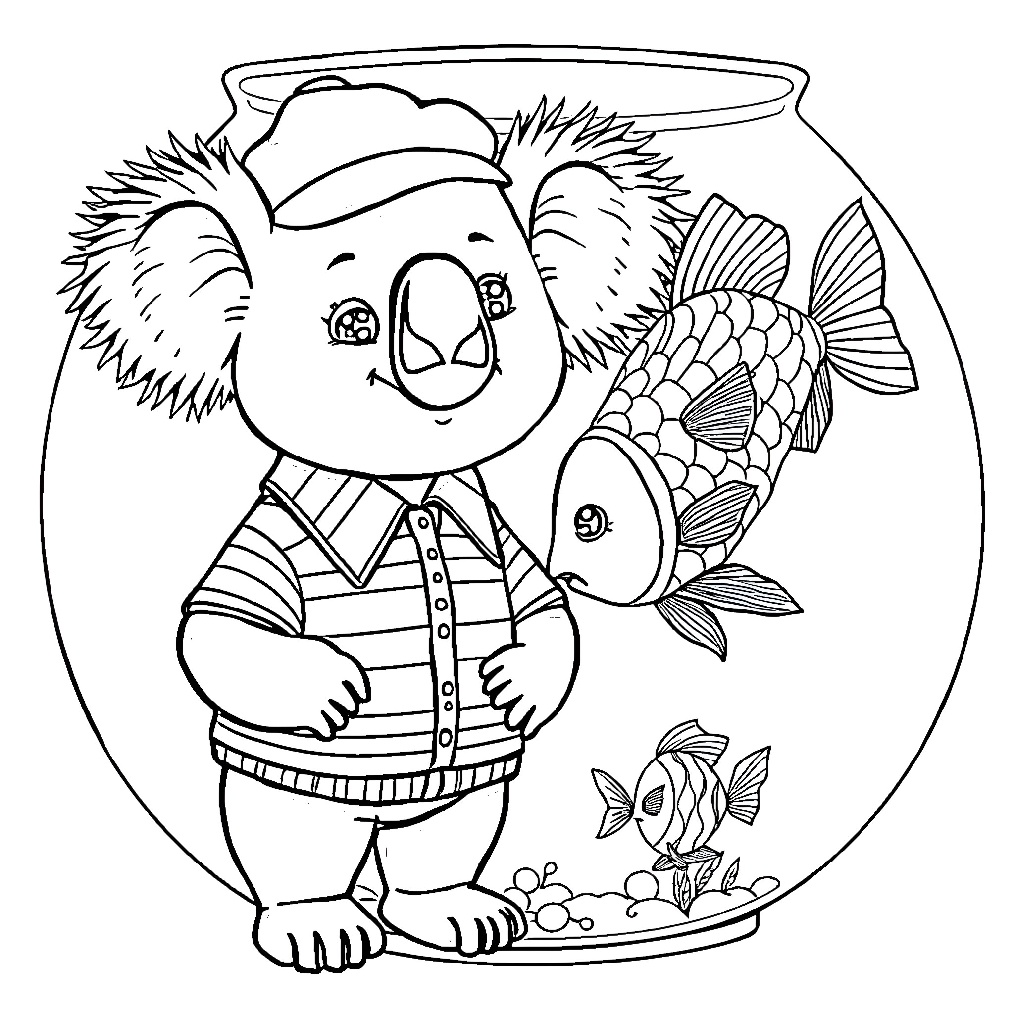 Koala observing colorful fish in aquarium Coloring Page (free black-and-white line drawing printable PDF for all, from beginners to advanced learners, including children, teens, adults, and seniors)