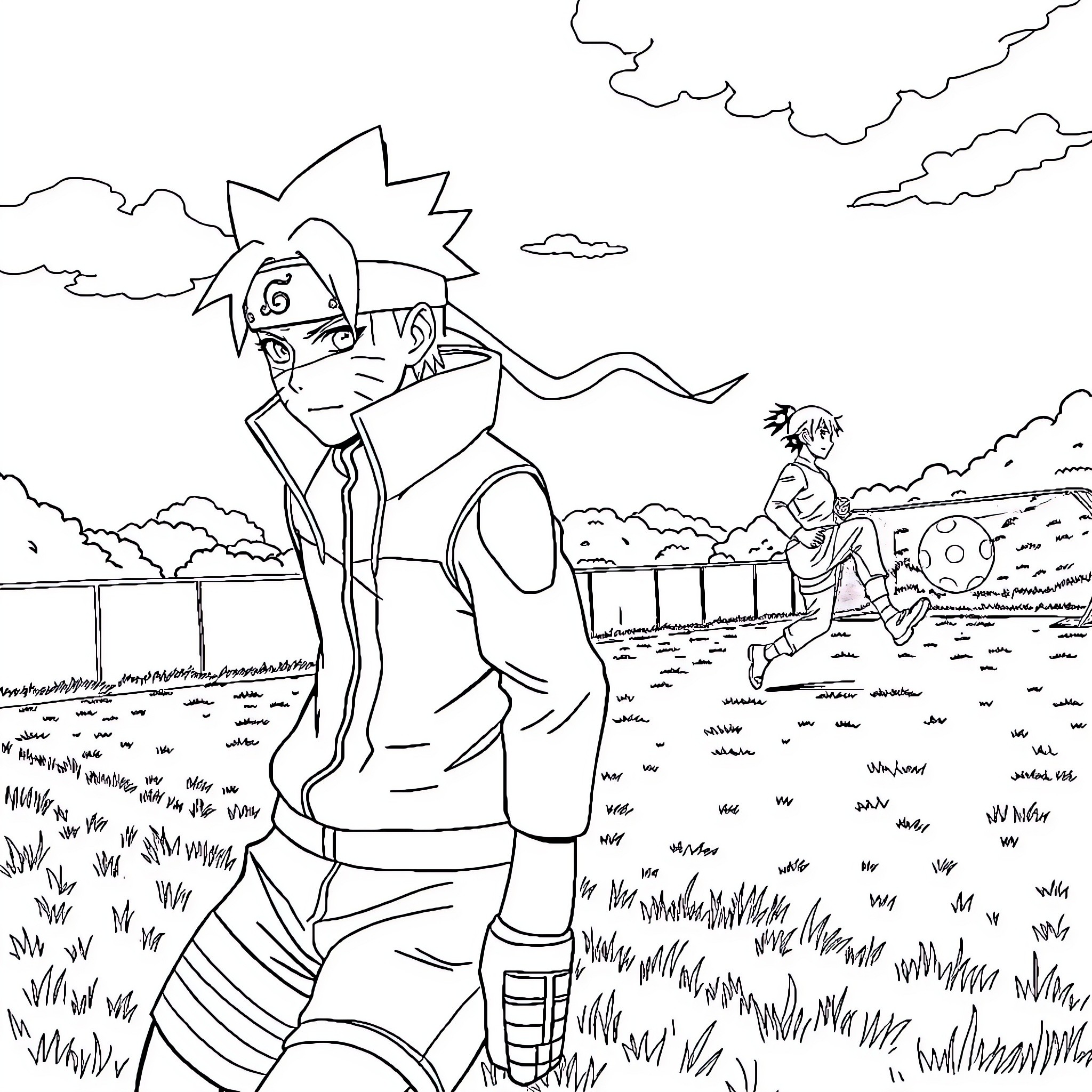 Naruto characters in an outdoor scene Coloring Page (free black-and-white line drawing printable PDF for all, from beginners to advanced learners, including children, teens, adults, and seniors)