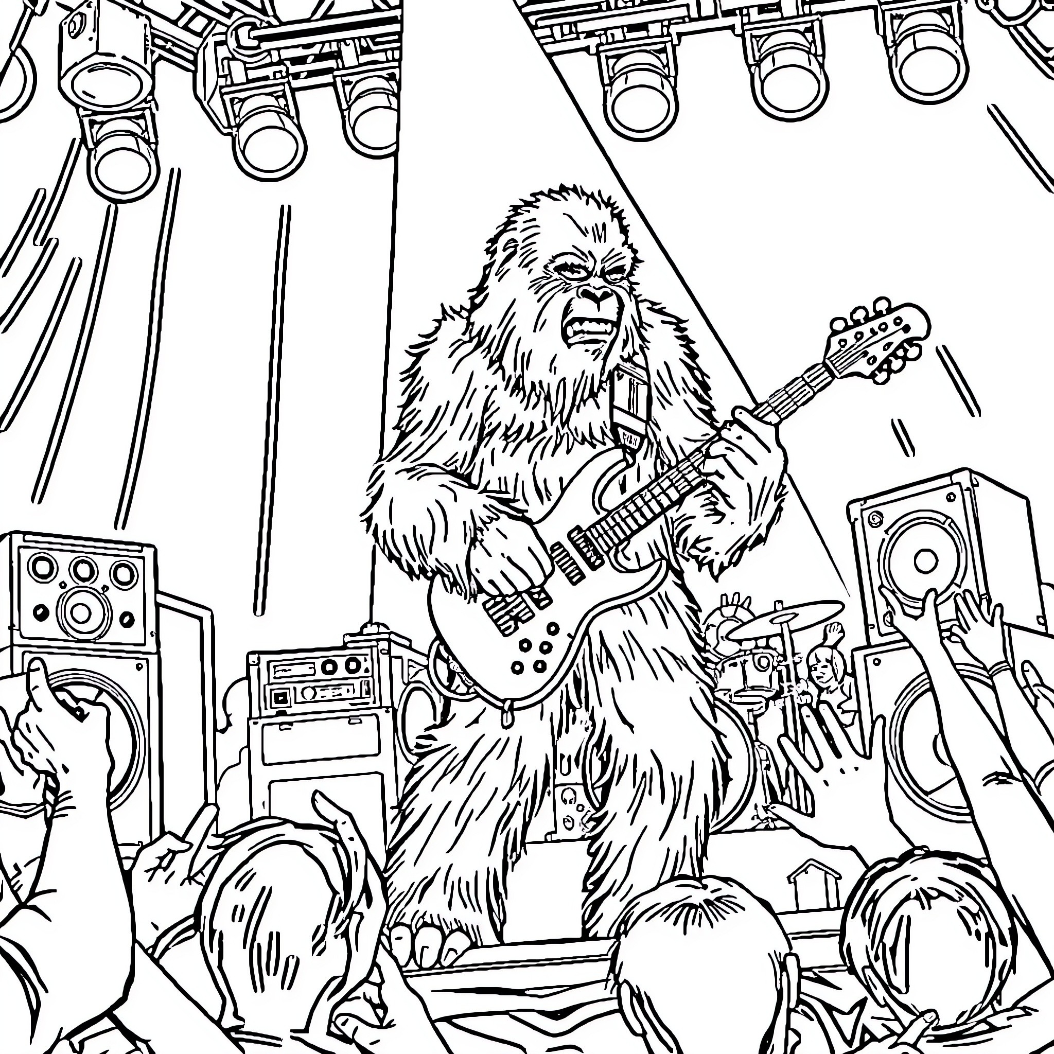 Bigfoot Rocks the Stage with Electric Guitar Coloring Page (free black-and-white line drawing printable PDF for all, from beginners to advanced learners, including children, teens, adults, and seniors)