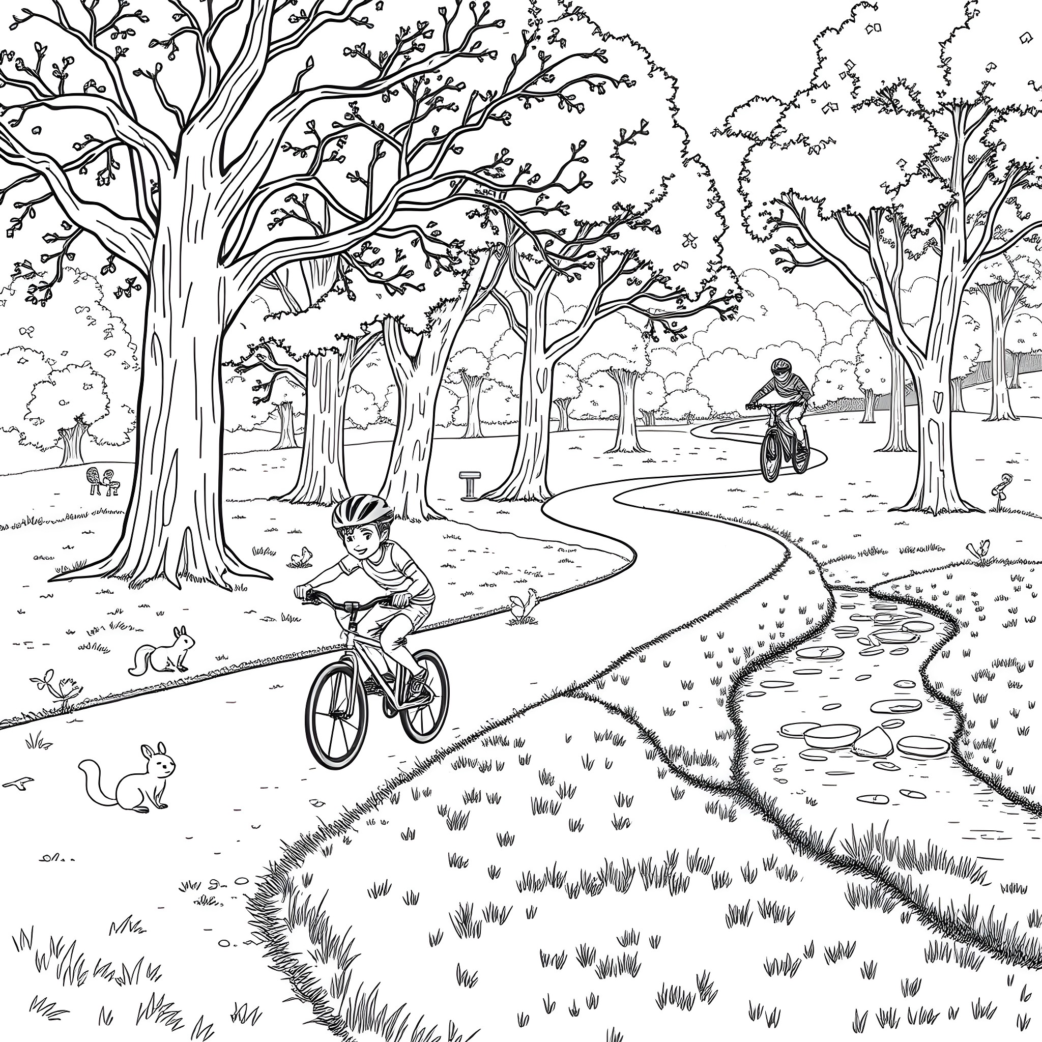 Teen Guy Biking on a Winding Path in the Park Coloring Page (free black-and-white line drawing printable PDF for all, from beginners to advanced learners, including children, teens, adults, and seniors)