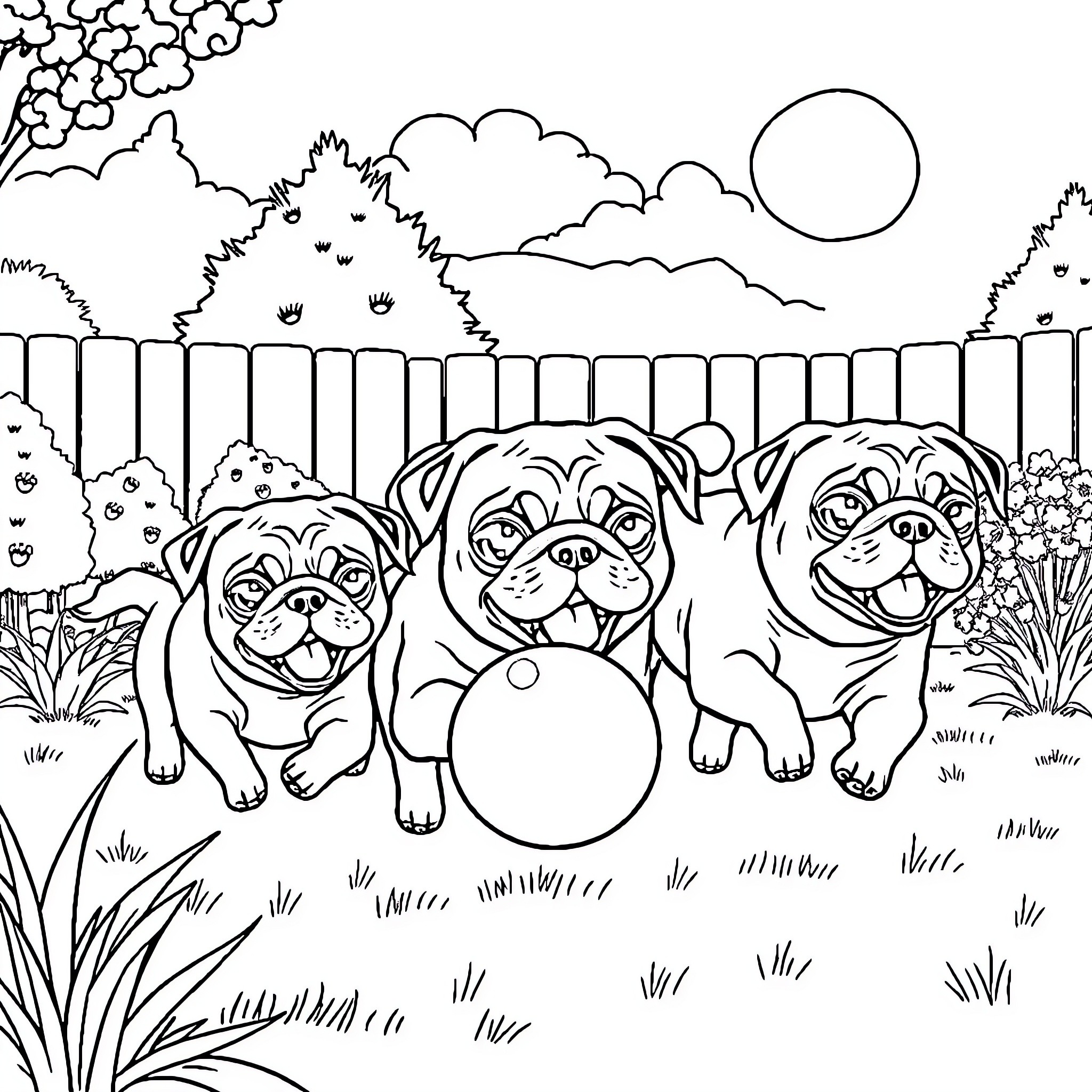 Pugs playing happily in the backyard Coloring Page (free black-and-white line drawing printable PDF for all, from beginners to advanced learners, including children, teens, adults, and seniors)