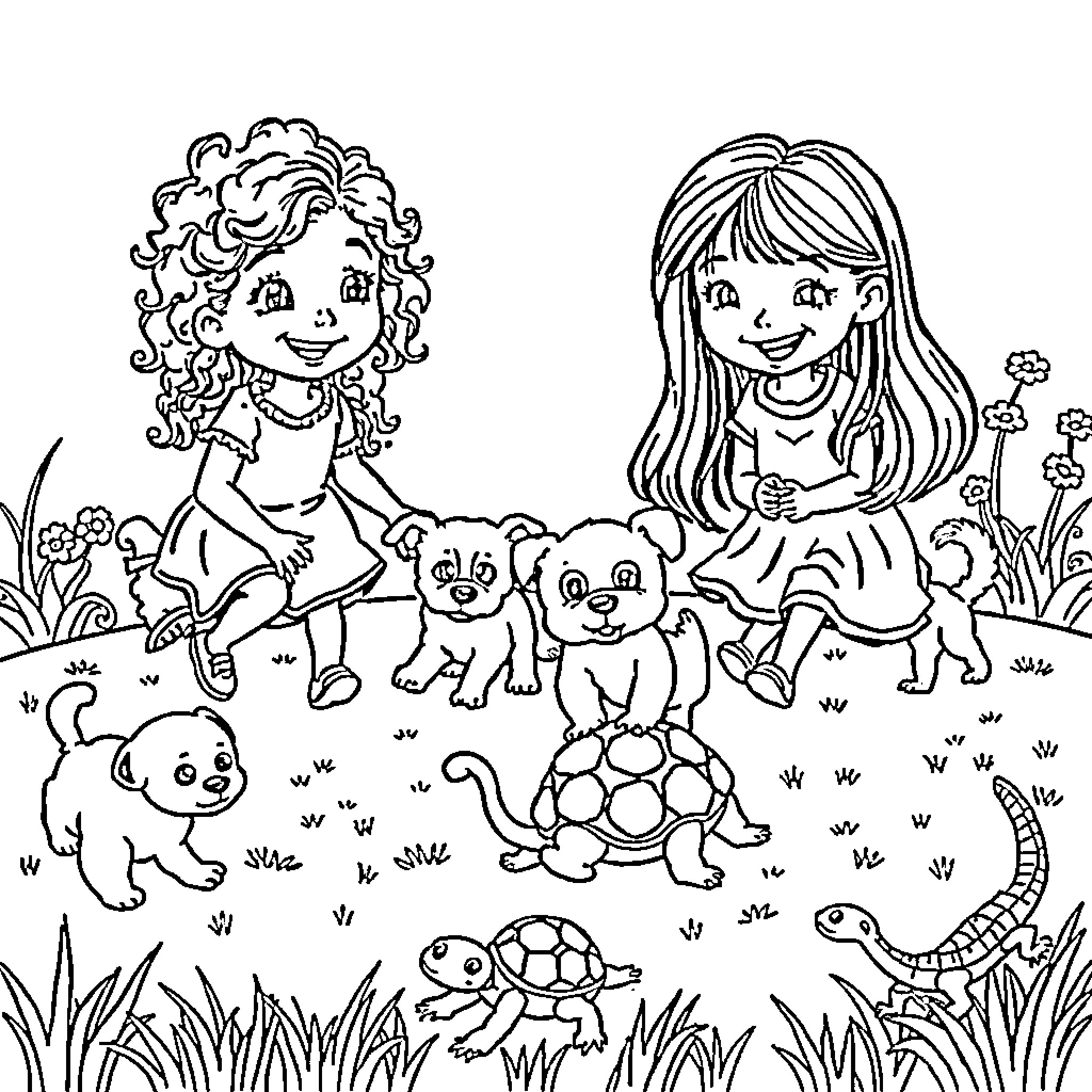 Girls Playing Happily with Pets in the Meadow Coloring Page (free black-and-white line drawing printable PDF for all, from beginners to advanced learners, including children, teens, adults, and seniors)
