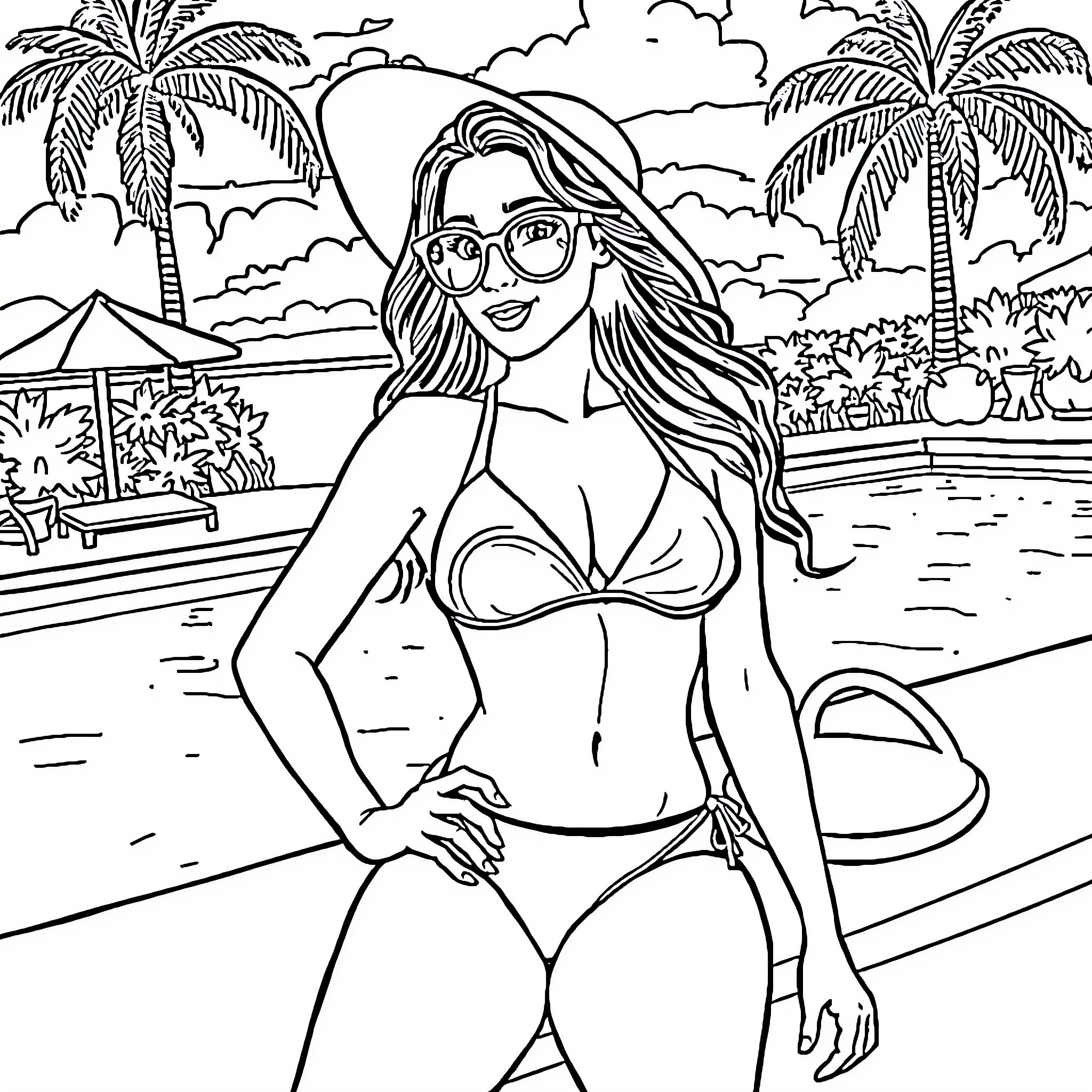 Mimie Mathy enjoying a sunny beach vacation Coloring Page (free black-and-white line drawing printable PDF for all, from beginners to advanced learners, including children, teens, adults, and seniors)