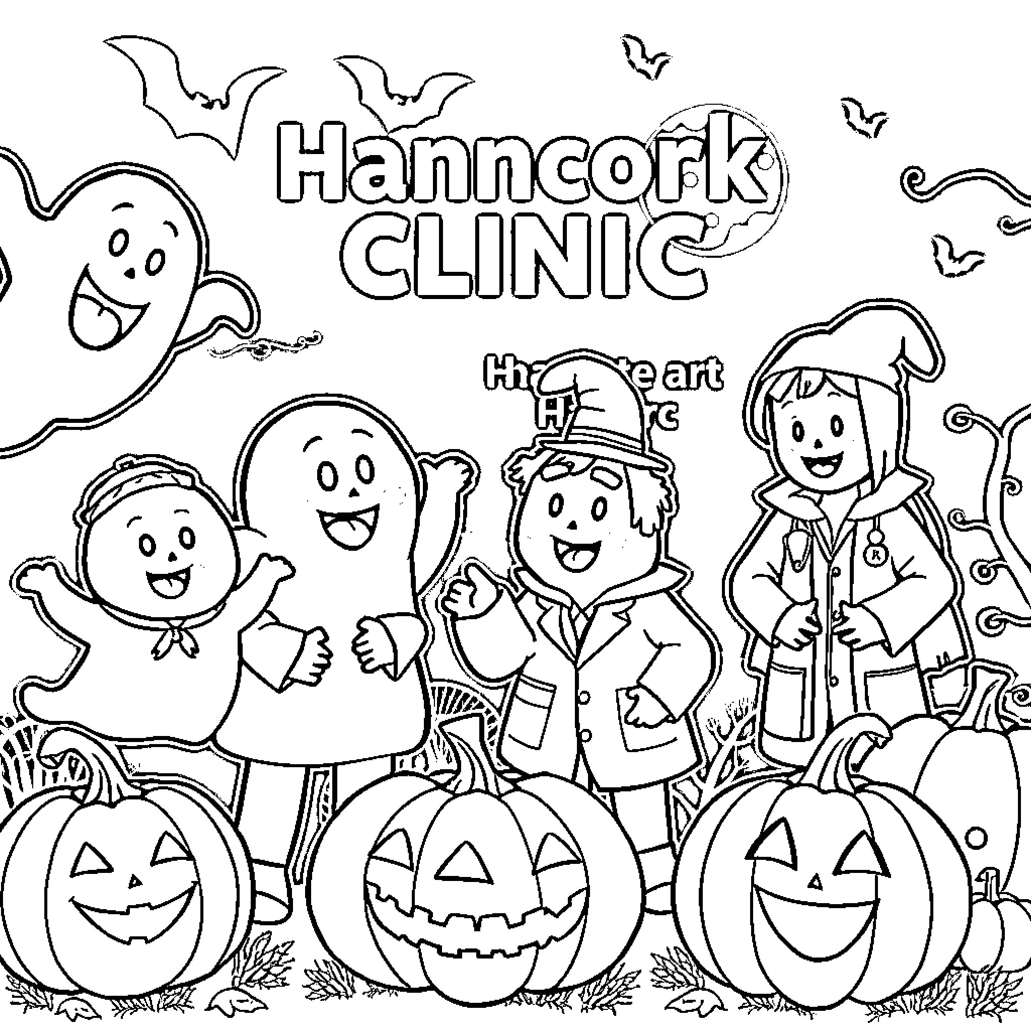 Halloween Clinic Fun with Friendly Ghosts Coloring Page (free black-and-white line drawing printable PDF for all, from beginners to advanced learners, including children, teens, adults, and seniors)