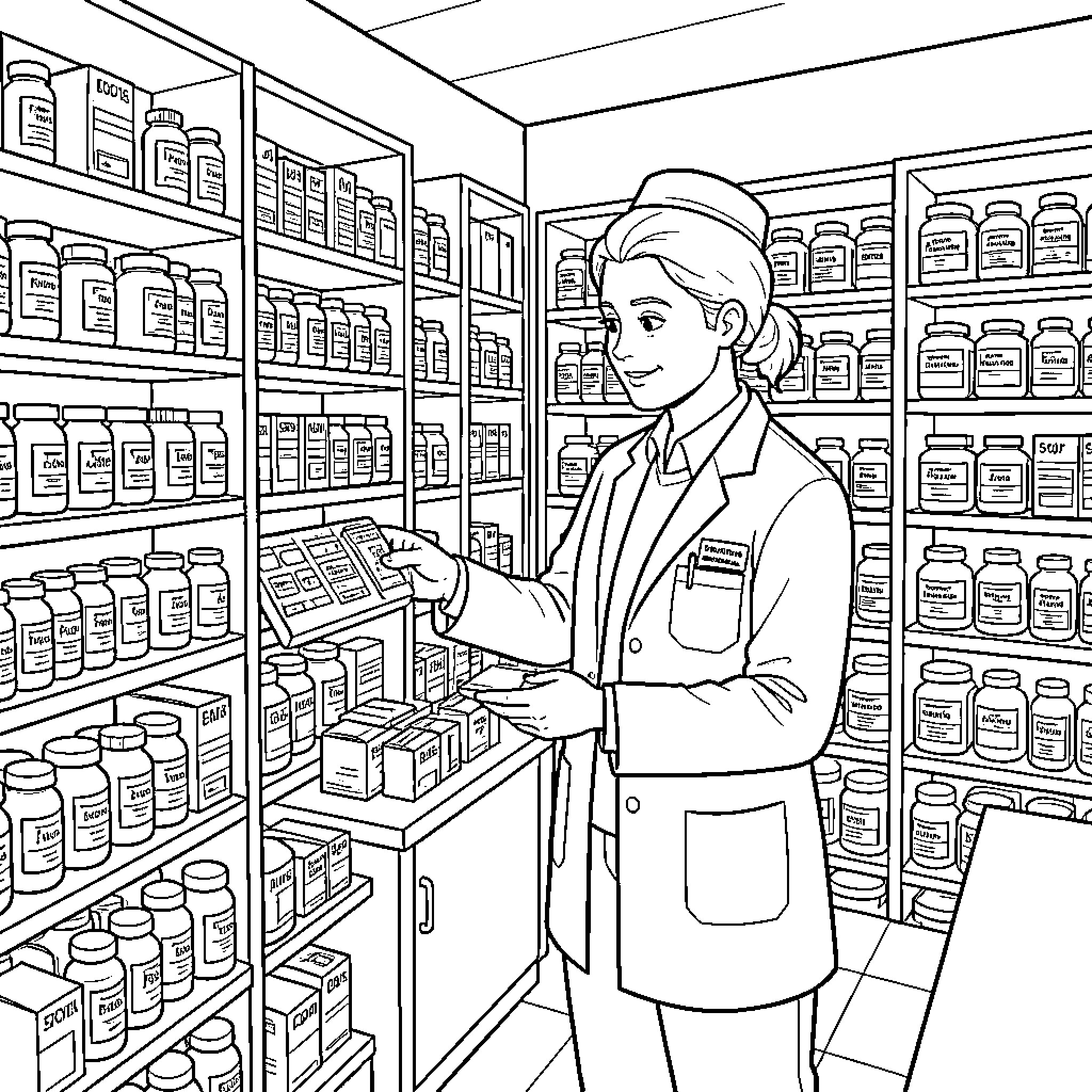 Dispenser organizing and arranging products in pharmacy Coloring Page (free black-and-white line drawing printable PDF for all, from beginners to advanced learners, including children, teens, adults, and seniors)
