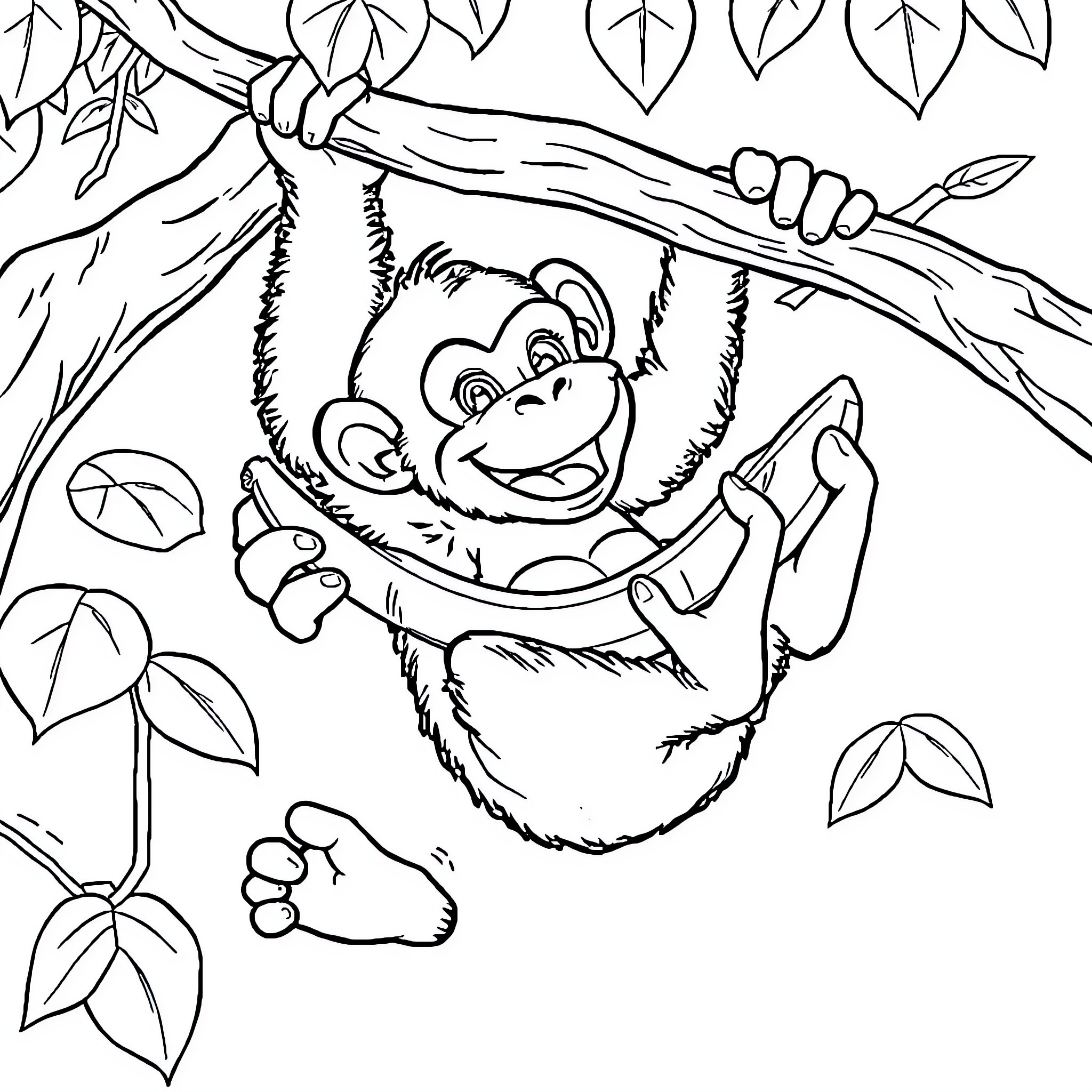 Chimpanzini swinging playfully on tree branch Coloring Page (free black-and-white line drawing printable PDF for all, from beginners to advanced learners, including children, teens, adults, and seniors)