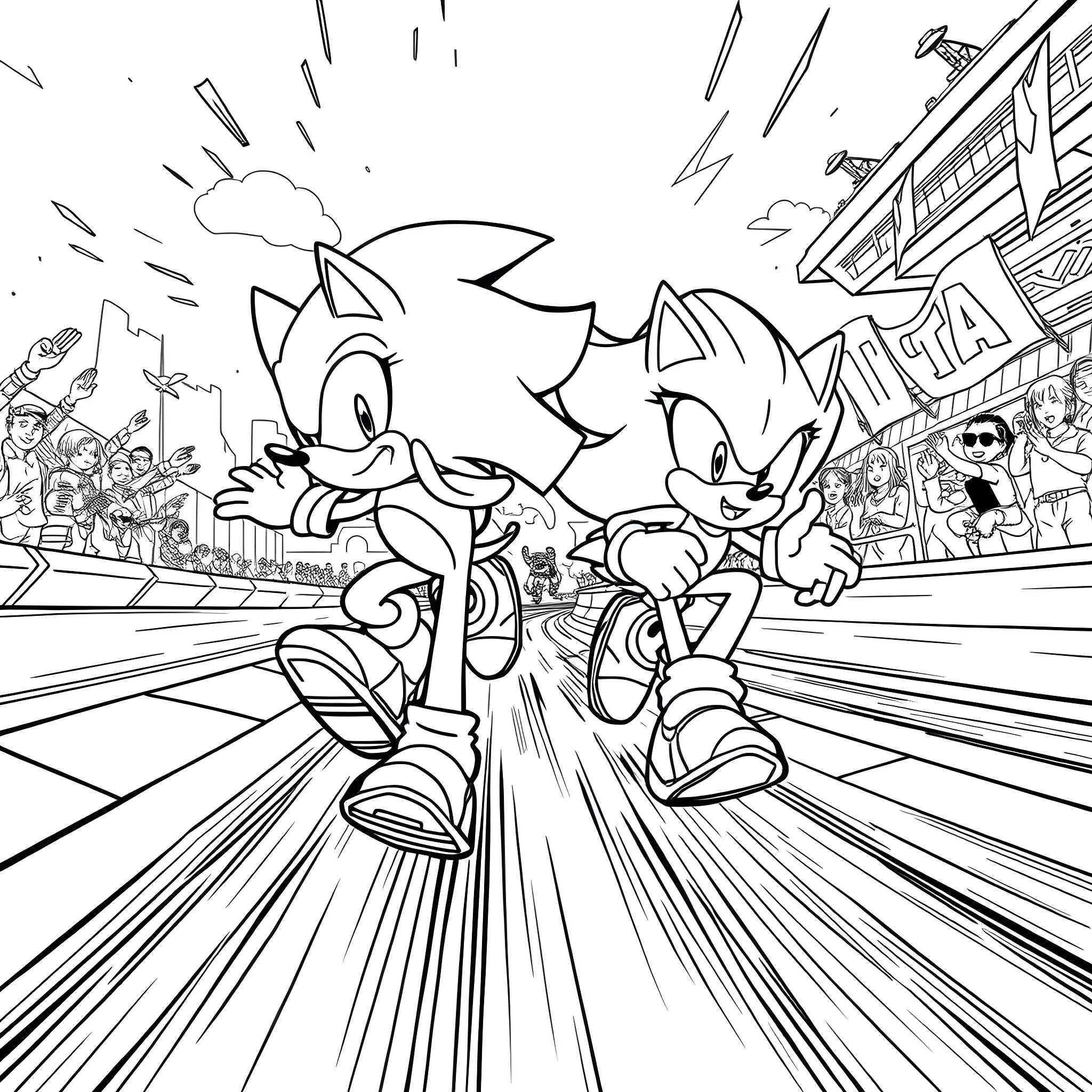 Sonic characters racing through a lively city Coloring Page (free black-and-white line drawing printable PDF for all, from beginners to advanced learners, including children, teens, adults, and seniors)