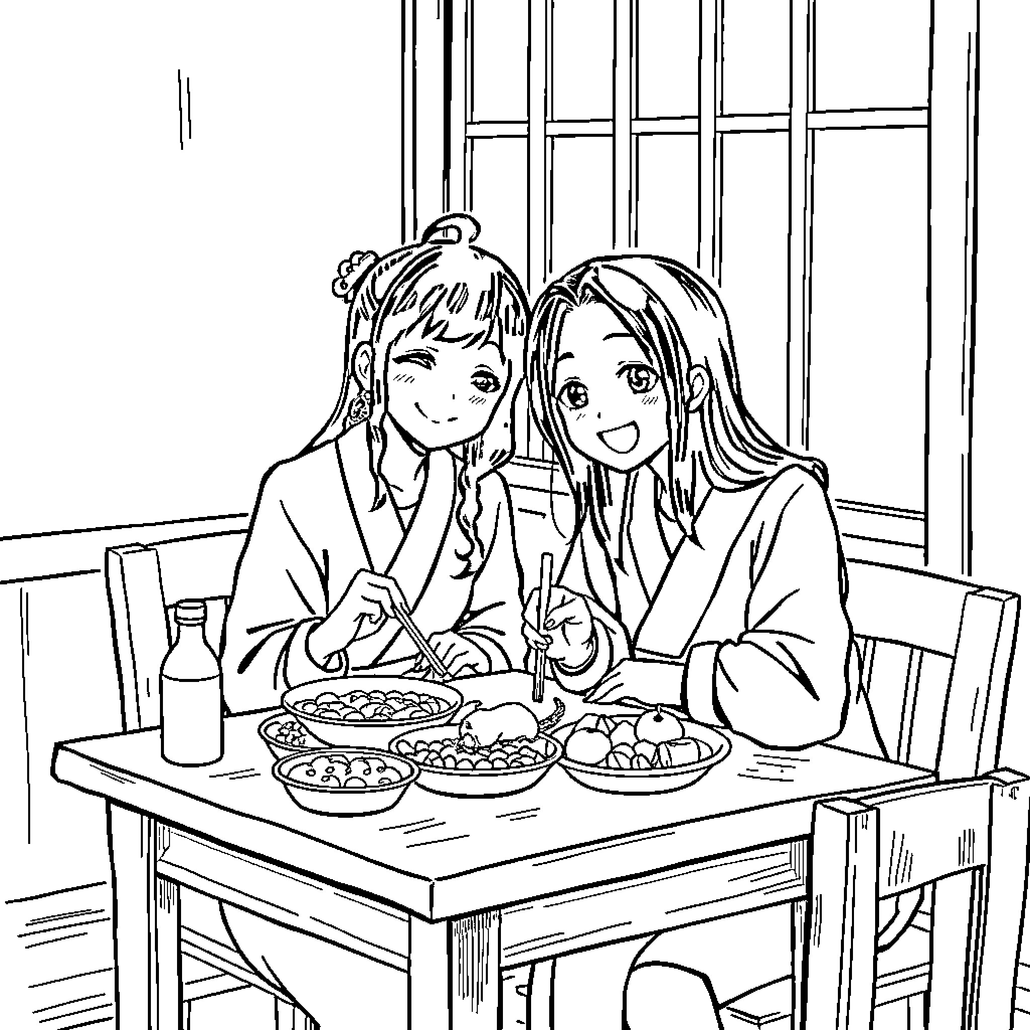 Nezuko enjoying a meal with a friend Coloring Page (free black-and-white line drawing printable PDF for all, from beginners to advanced learners, including children, teens, adults, and seniors)
