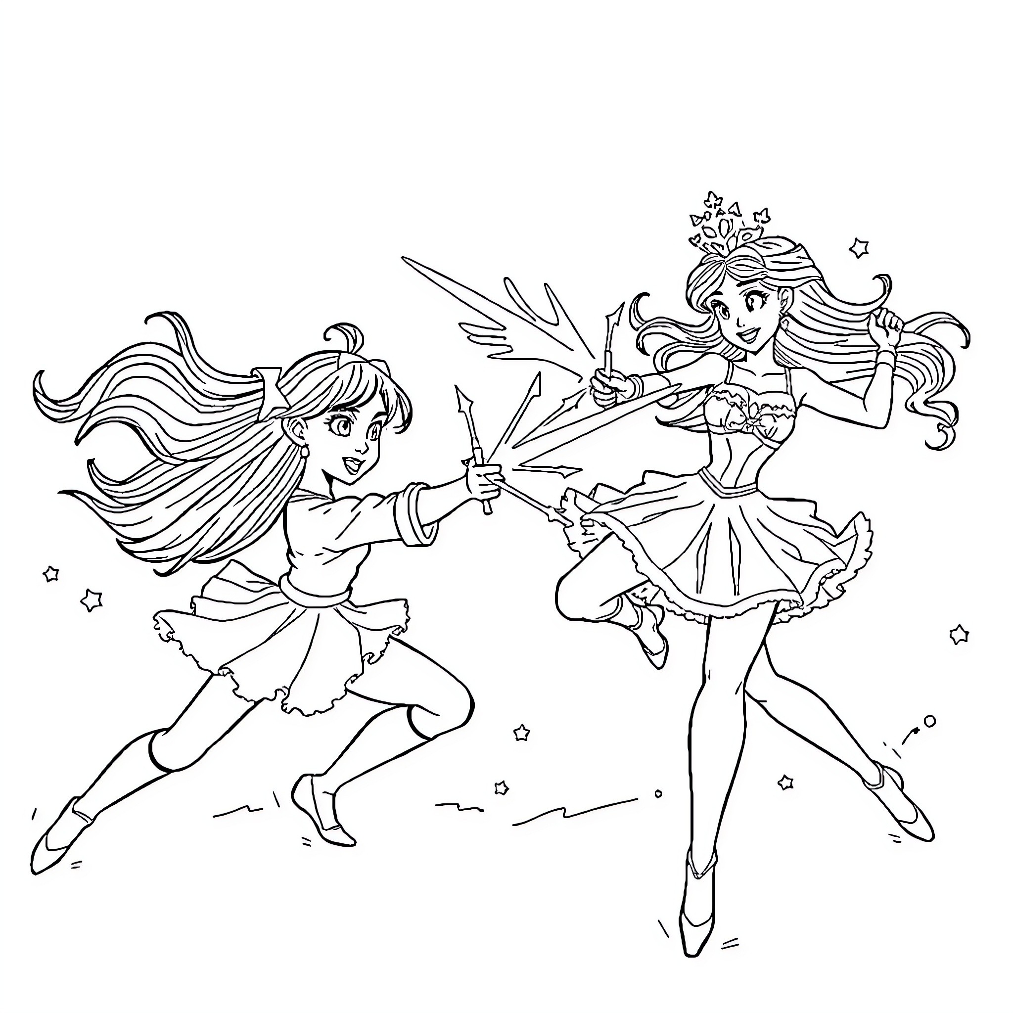 Pomni: Dancing and Sparkling Fairy Friends Coloring Page (free black-and-white line drawing printable PDF for all, from beginners to advanced learners, including children, teens, adults, and seniors)