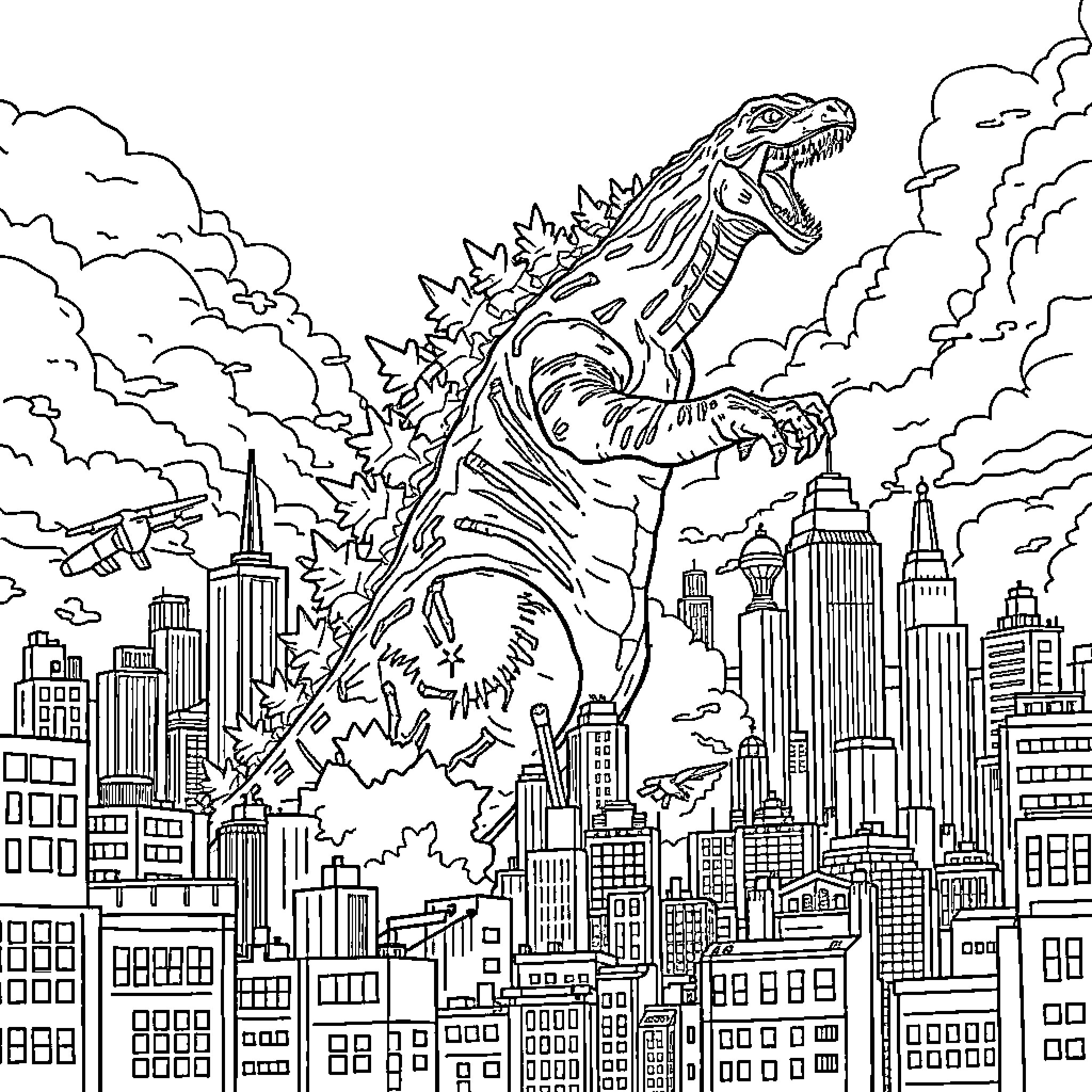 Godzilla rampaging through the cityscape Coloring Page (free black-and-white line drawing printable PDF for all, from beginners to advanced learners, including children, teens, adults, and seniors)