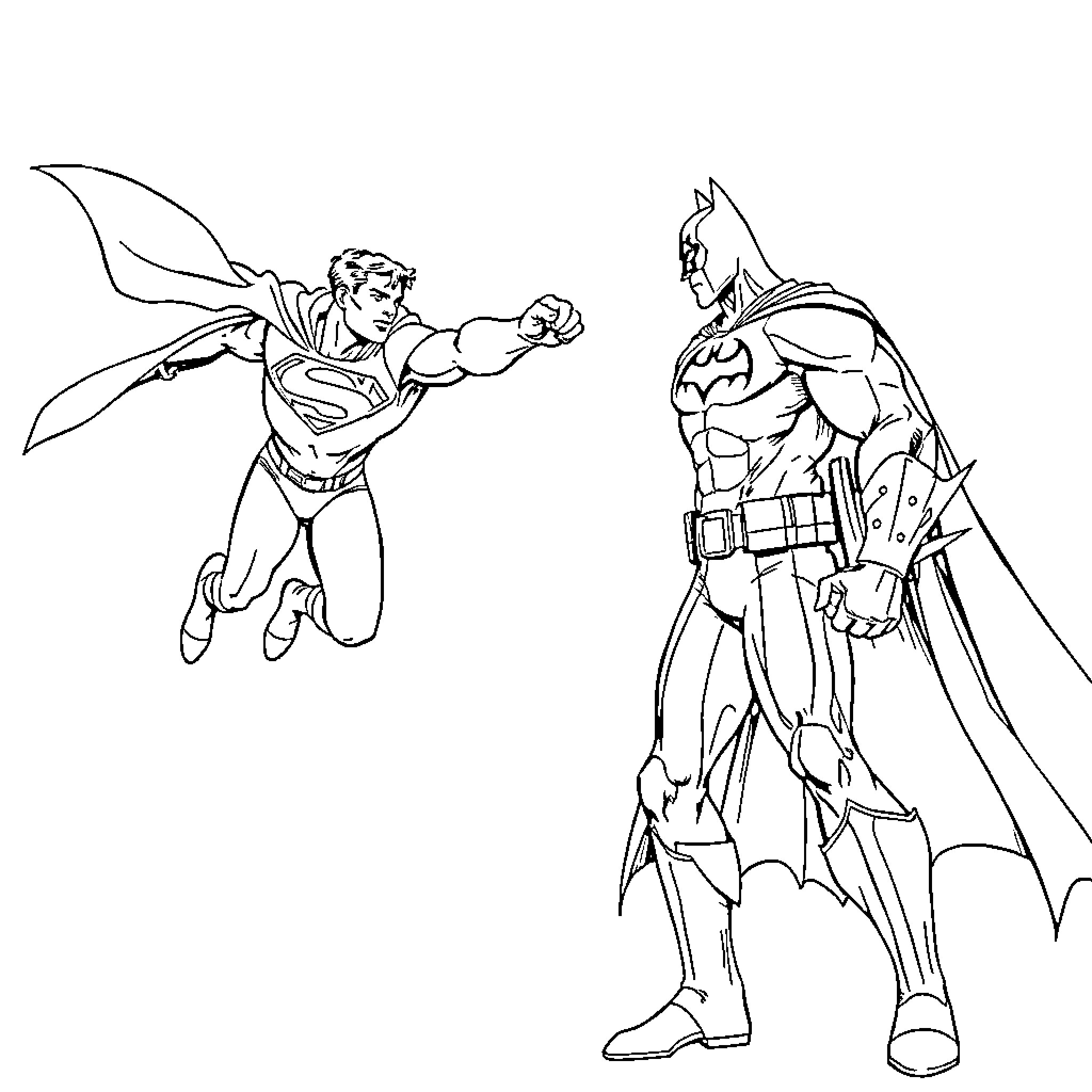 Superman and Batman in heroic poses Coloring Page (free black-and-white line drawing printable PDF for all, from beginners to advanced learners, including children, teens, adults, and seniors)