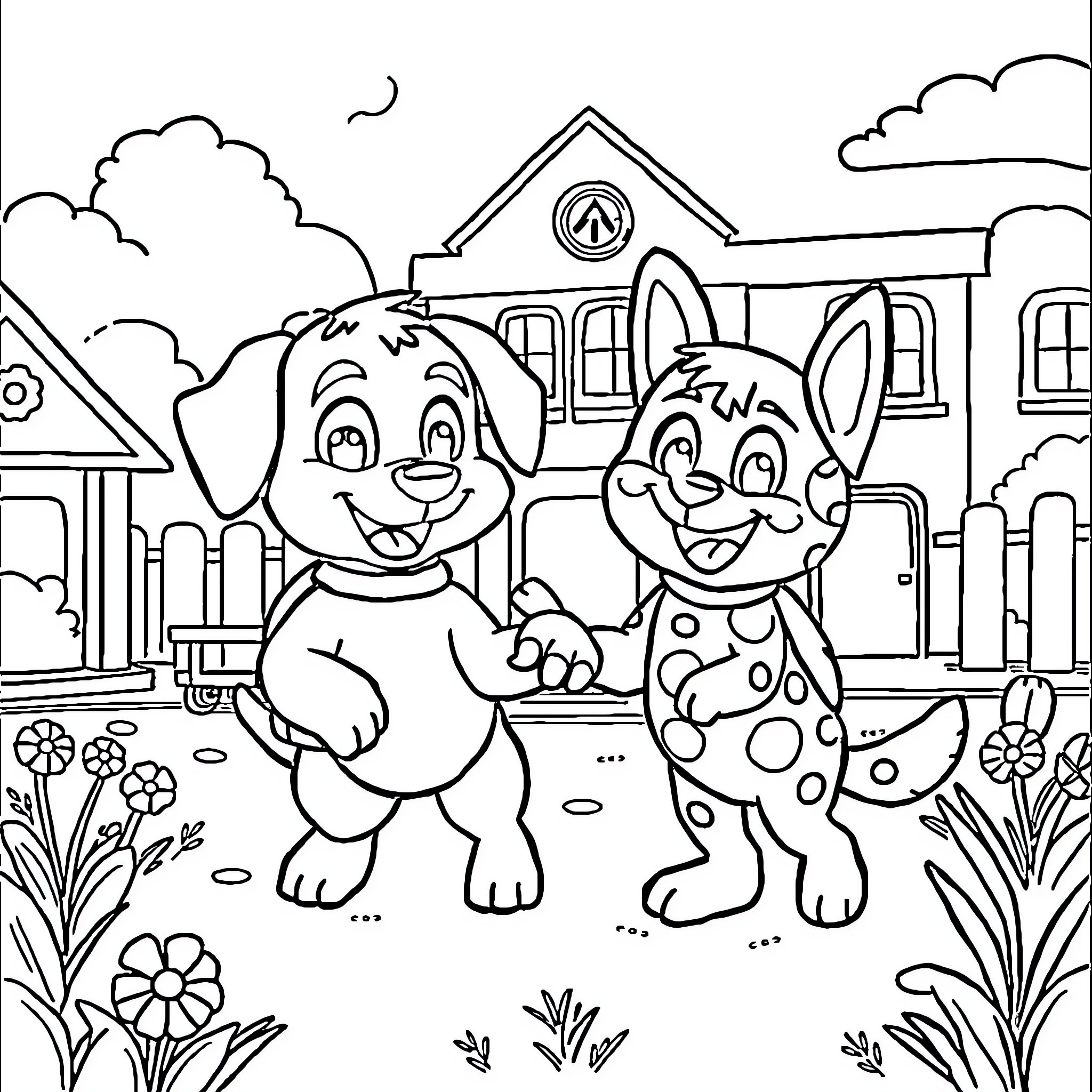 Bluey and friends enjoying a playful day outdoors Coloring Page (free black-and-white line drawing printable PDF for all, from beginners to advanced learners, including children, teens, adults, and seniors)