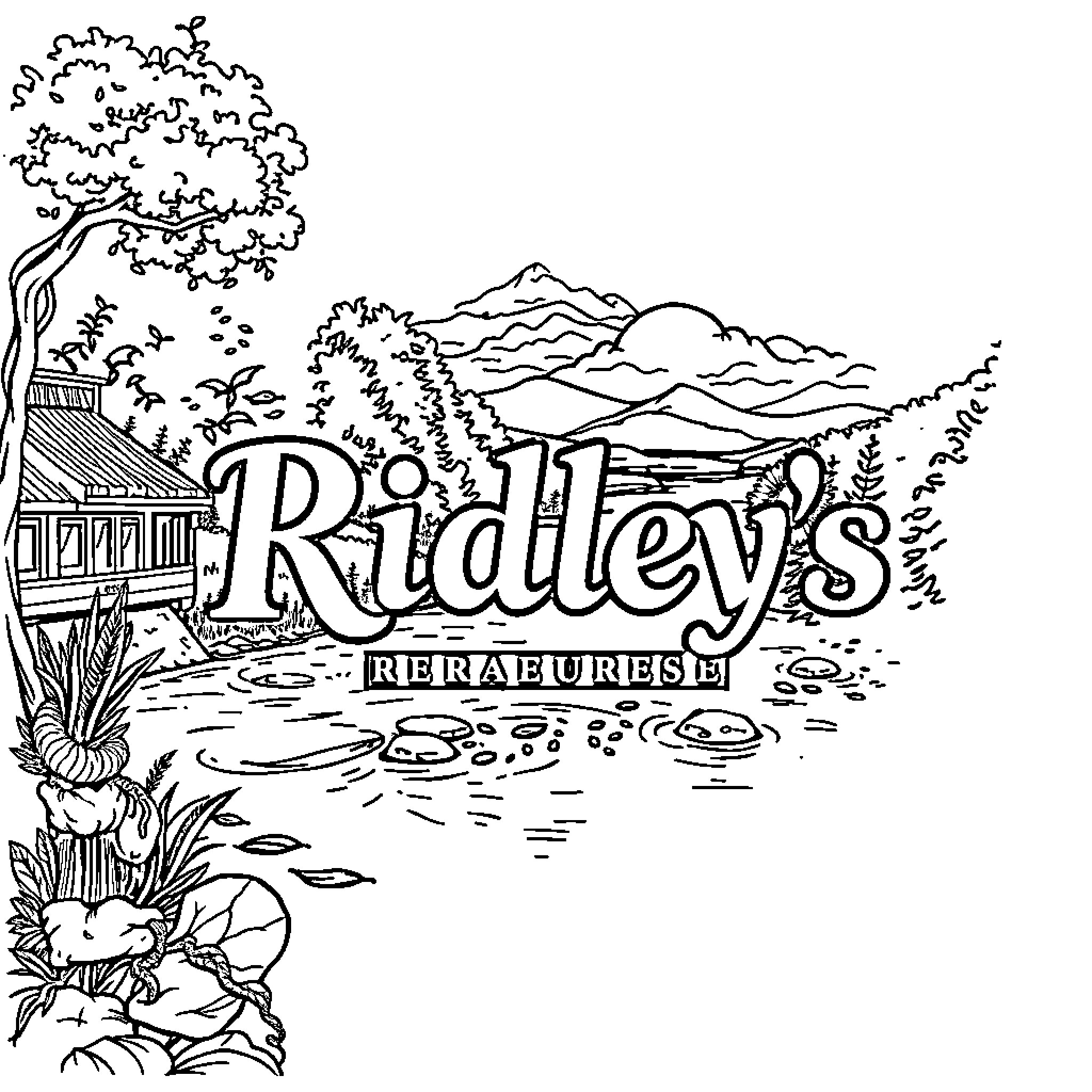 Ridleys' Relaxing Retreat with Nature's Scenery Coloring Page (free black-and-white line drawing printable PDF for all, from beginners to advanced learners, including children, teens, adults, and seniors)