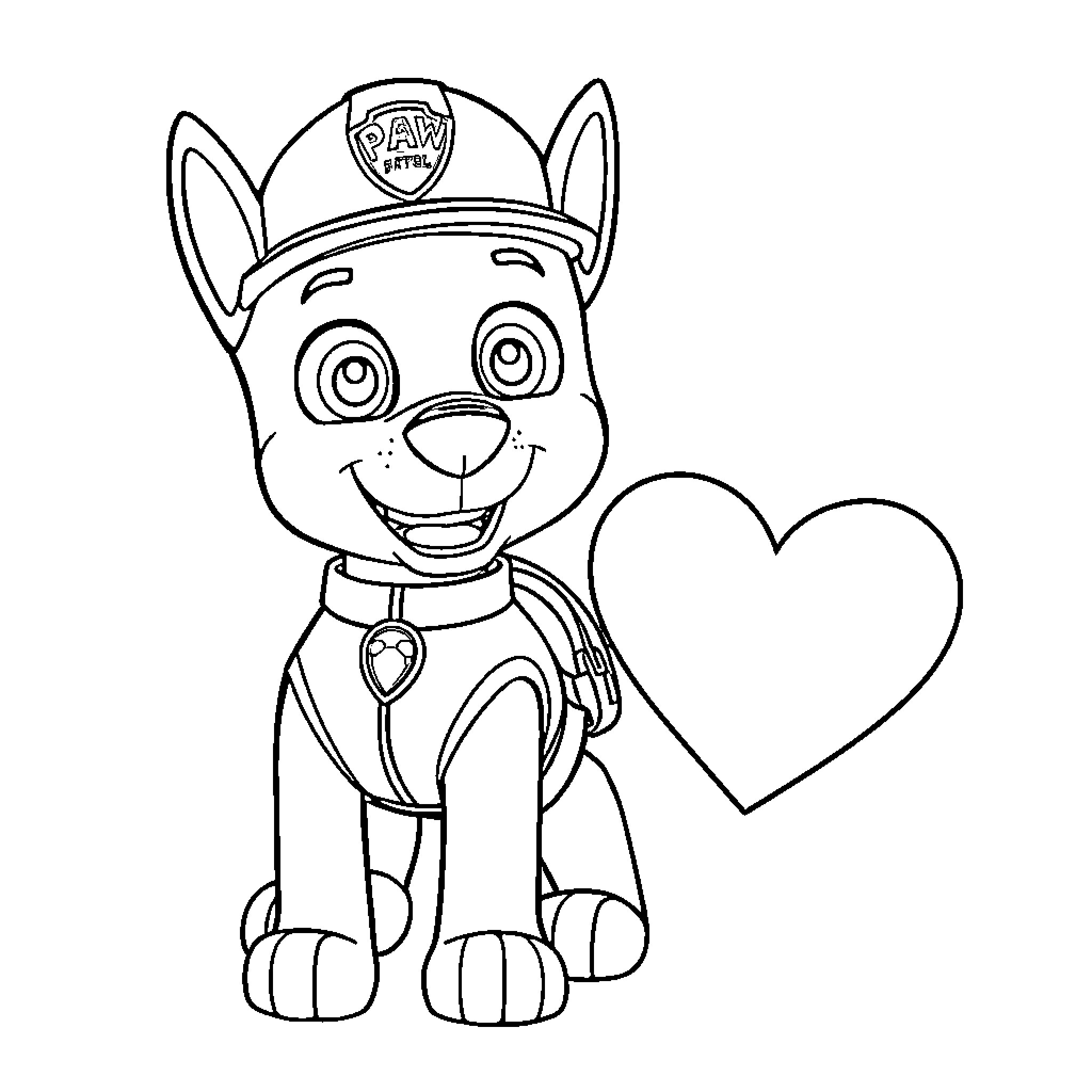 Chase the Pup's Friendly Adventure Coloring Page (free black-and-white line drawing printable PDF for all, from beginners to advanced learners, including children, teens, adults, and seniors)