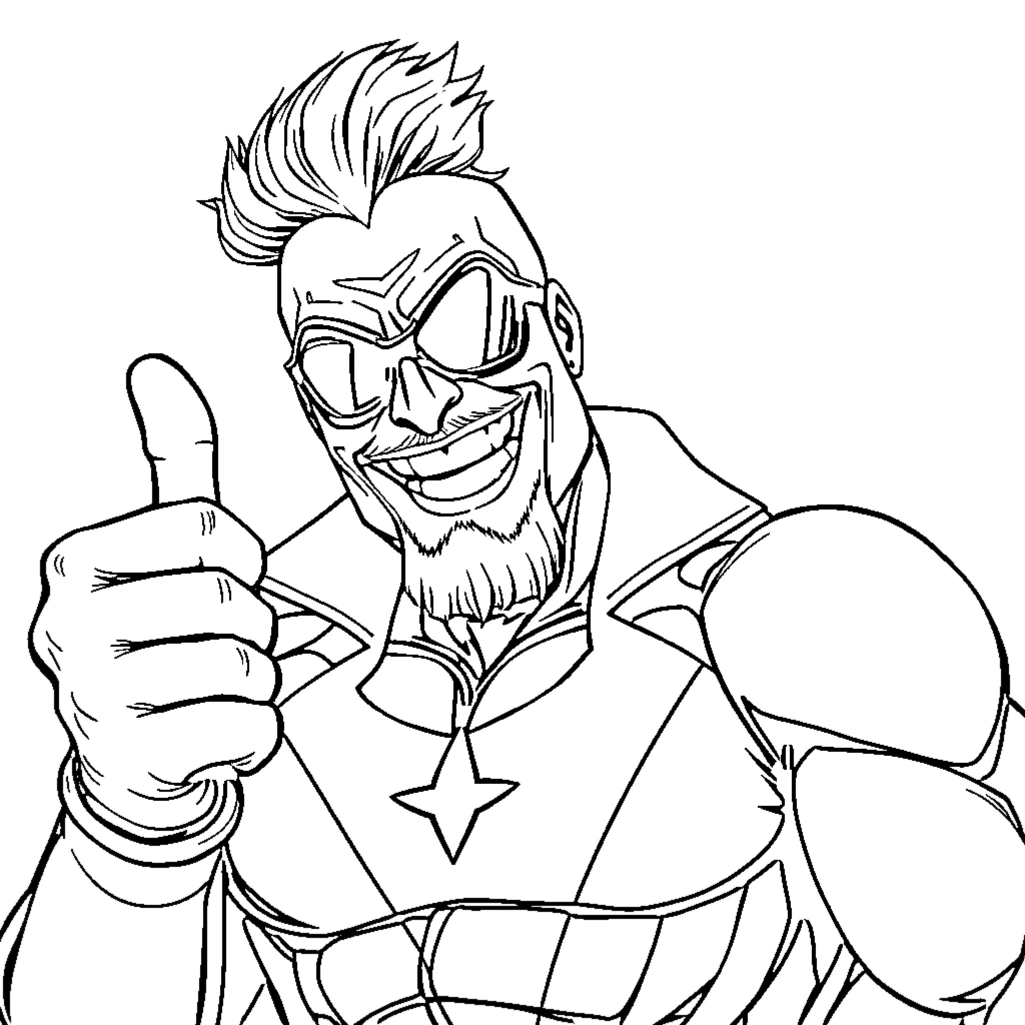 All Might Giving a Thumbs Up in Heroic Pose Coloring Page (free black-and-white line drawing printable PDF for all, from beginners to advanced learners, including children, teens, adults, and seniors)