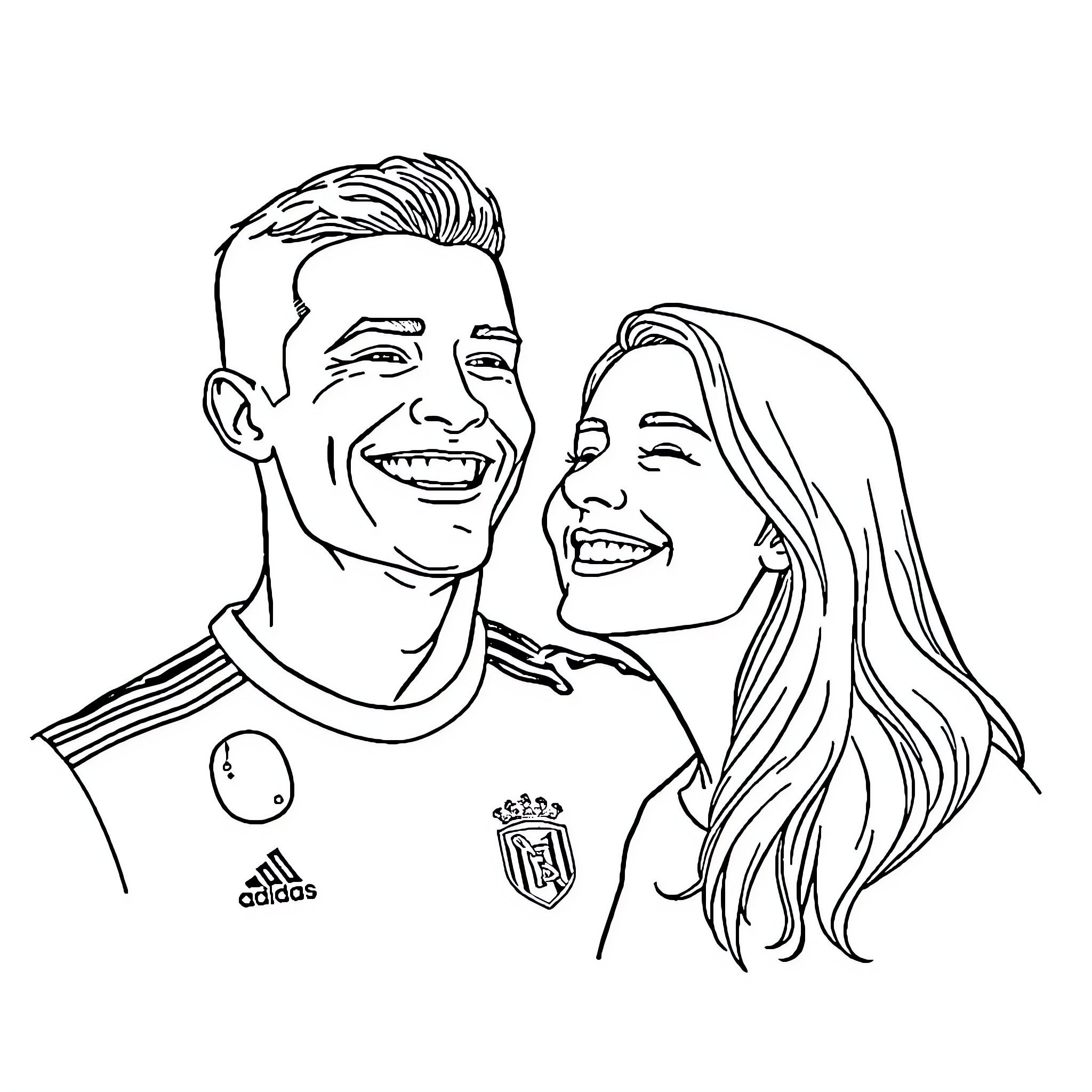 Ronaldo smiling happily with his partner Coloring Page (free black-and-white line drawing printable PDF for all, from beginners to advanced learners, including children, teens, adults, and seniors)