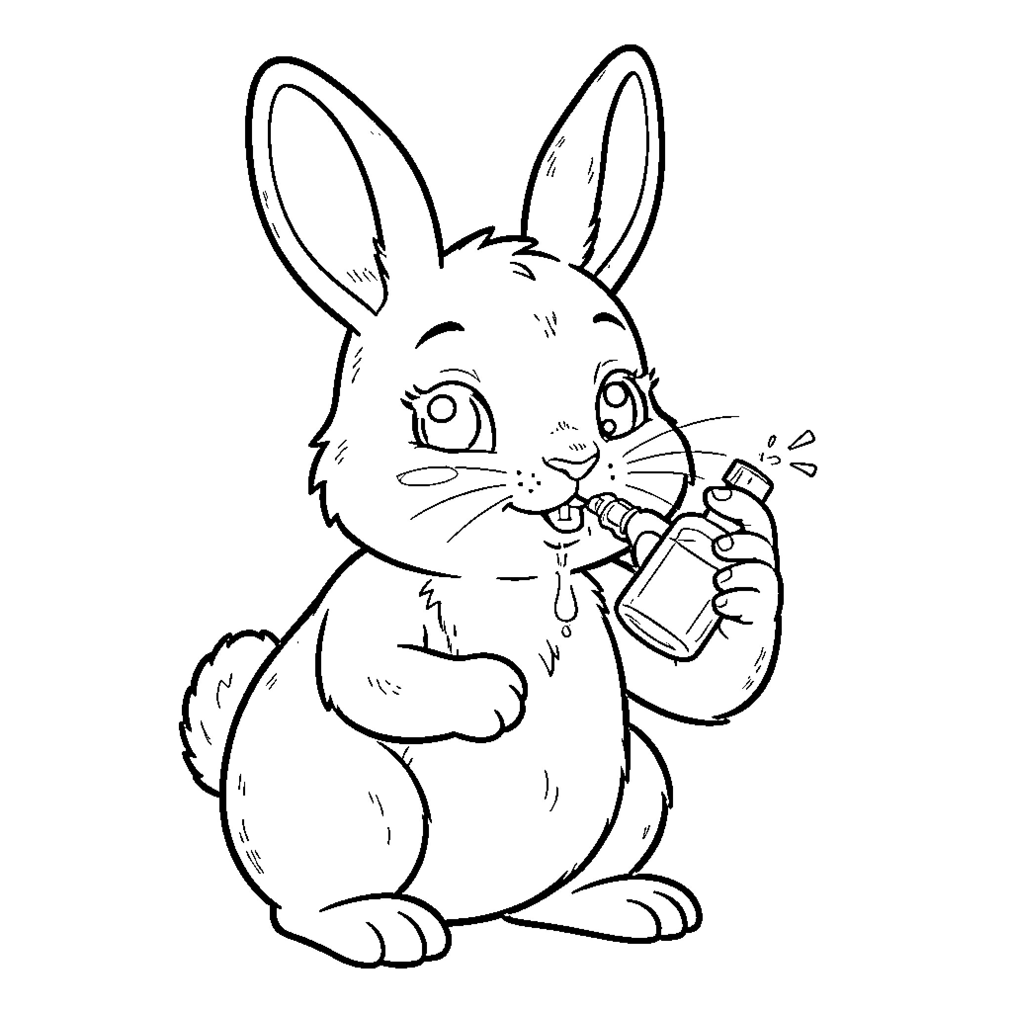 Hare using a spray bottle Coloring Page (free black-and-white line drawing printable PDF for all, from beginners to advanced learners, including children, teens, adults, and seniors)