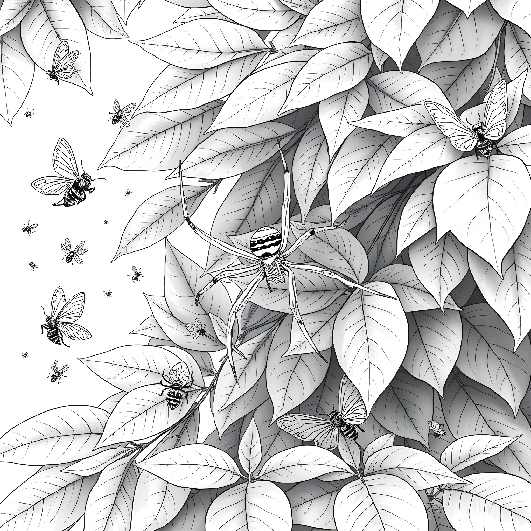 Spider Amidst Intricate Foliage and Butterflies Coloring Page (free black-and-white line drawing printable PDF for all, from beginners to advanced learners, including children, teens, adults, and seniors)