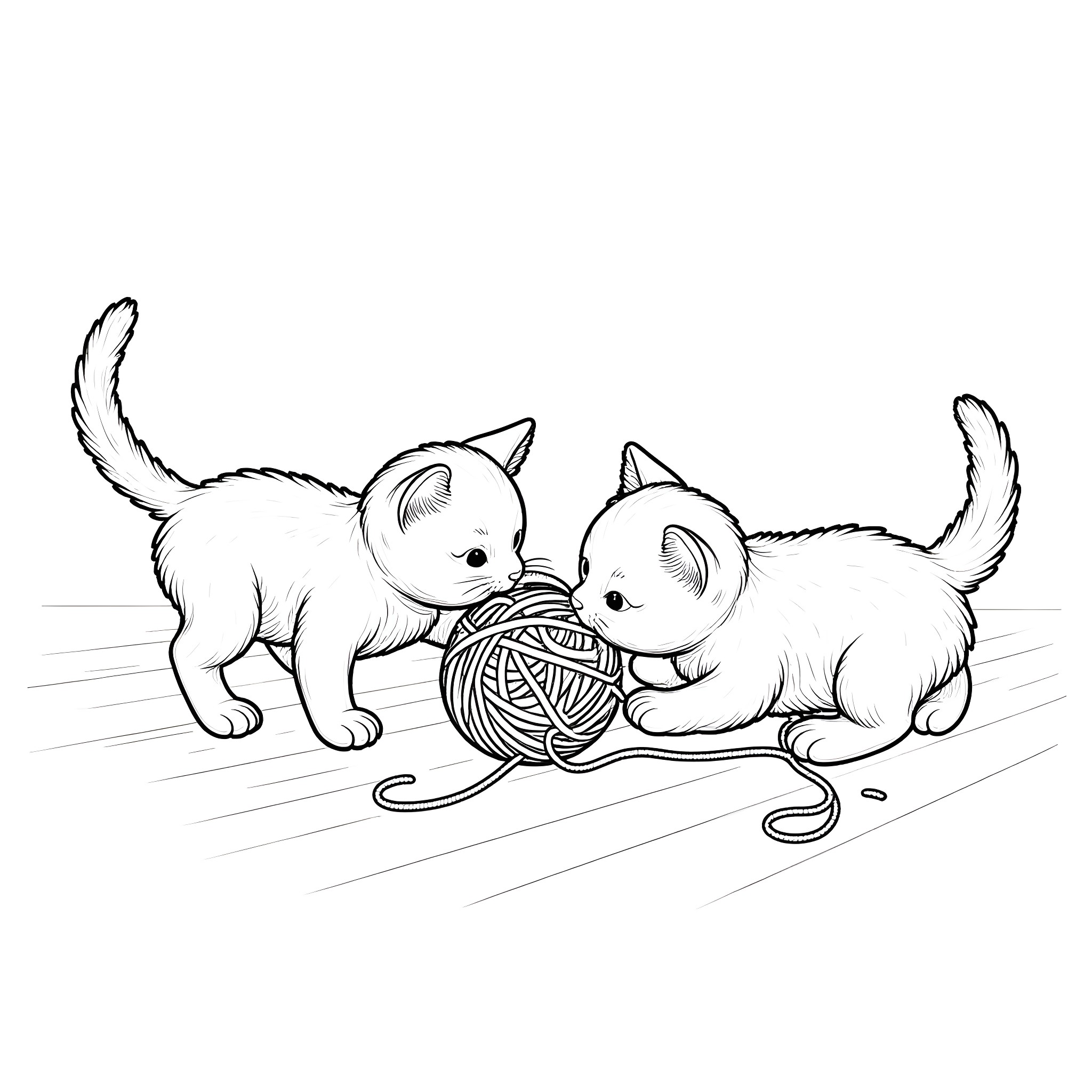 Kittens playing with yarn Coloring Page (free black-and-white line drawing printable PDF for all, from beginners to advanced learners, including children, teens, adults, and seniors)