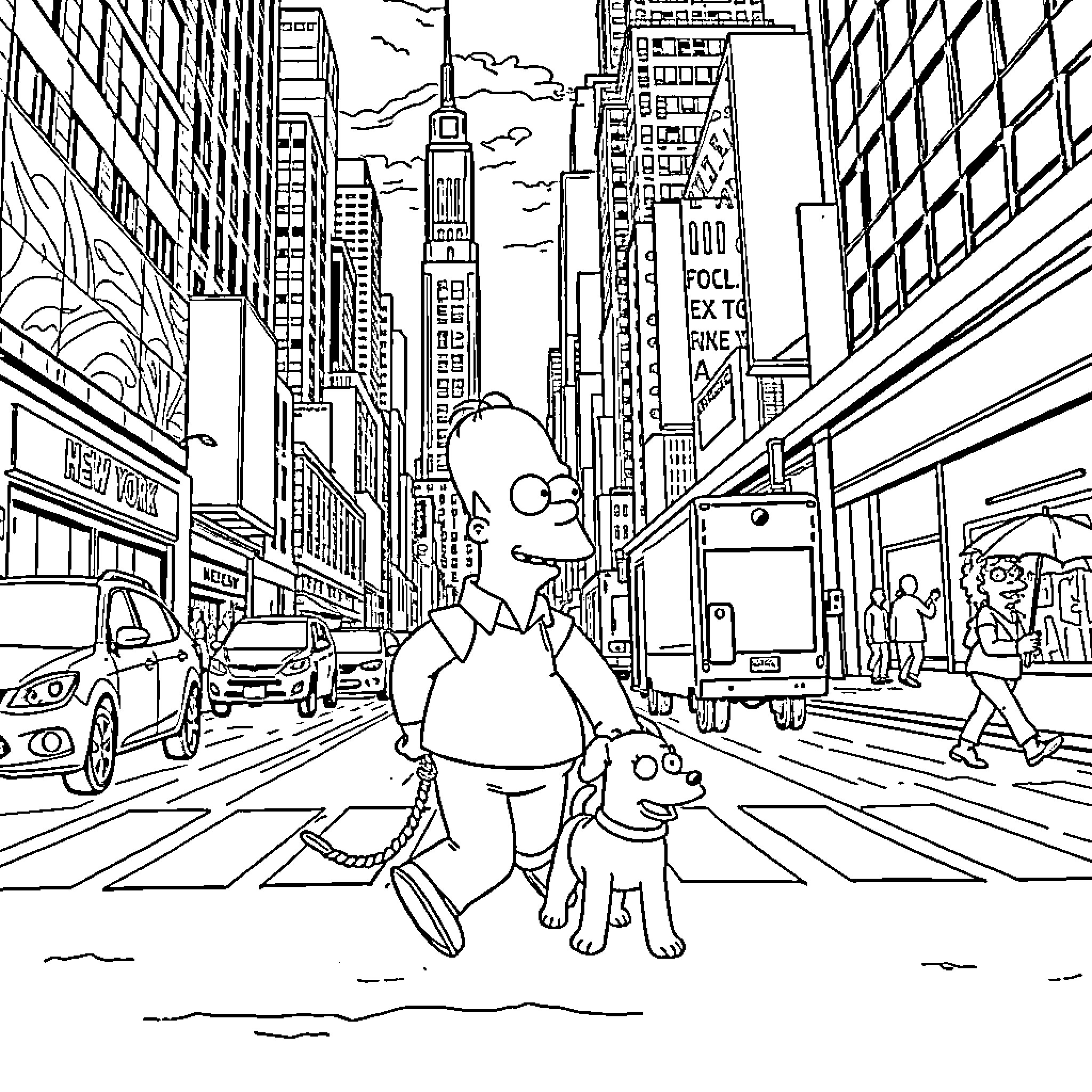 Homer explores bustling cityscape with loyal companion Coloring Page (free black-and-white line drawing printable PDF for all, from beginners to advanced learners, including children, teens, adults, and seniors)
