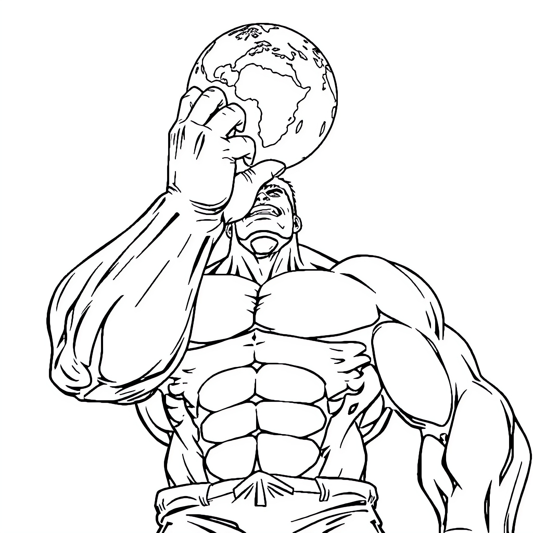 Hulk grasping the world in his powerful hands Coloring Page (free black-and-white line drawing printable PDF for all, from beginners to advanced learners, including children, teens, adults, and seniors)