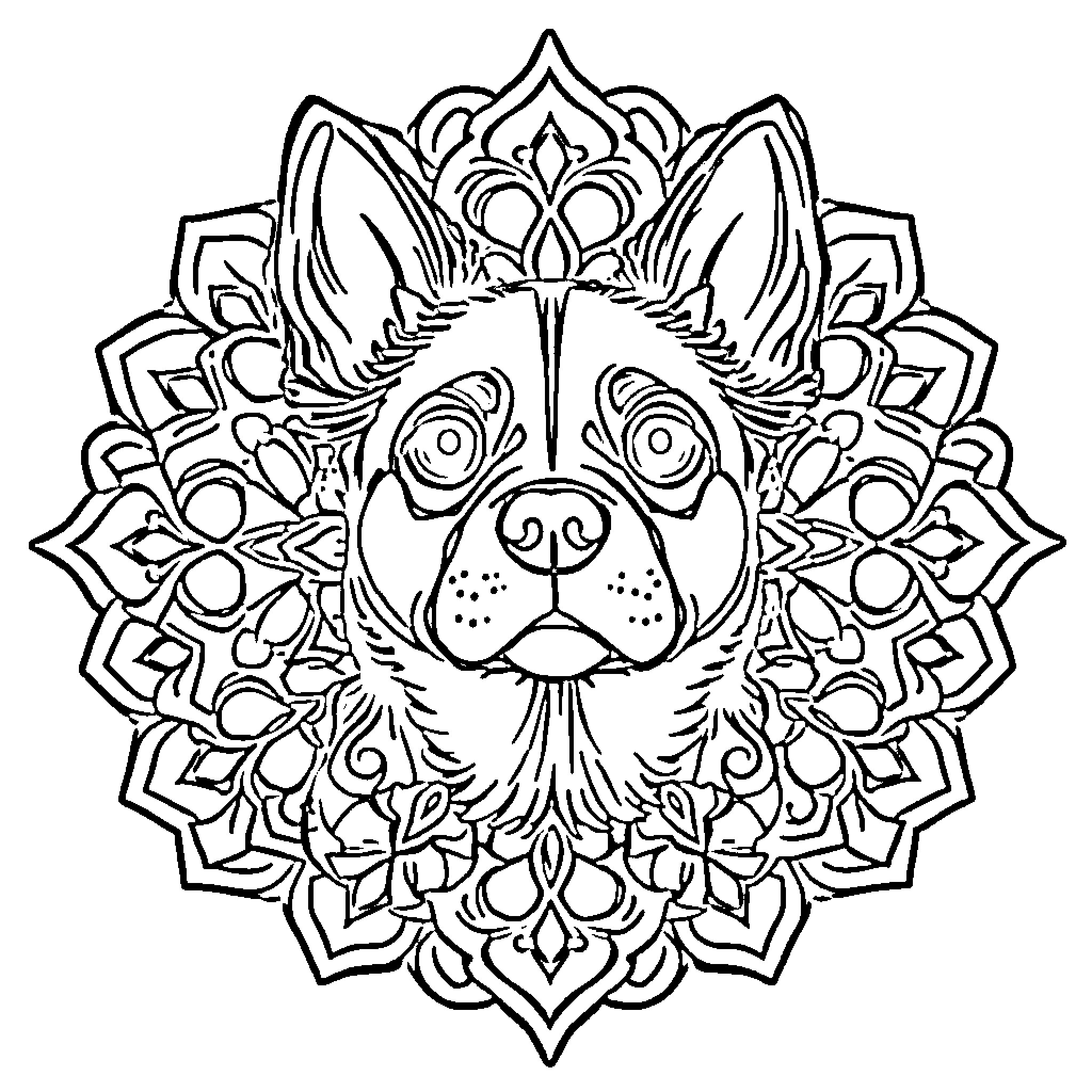 Dog with decorative mandala pattern Coloring Page (free black-and-white line drawing printable PDF for all, from beginners to advanced learners, including children, teens, adults, and seniors)