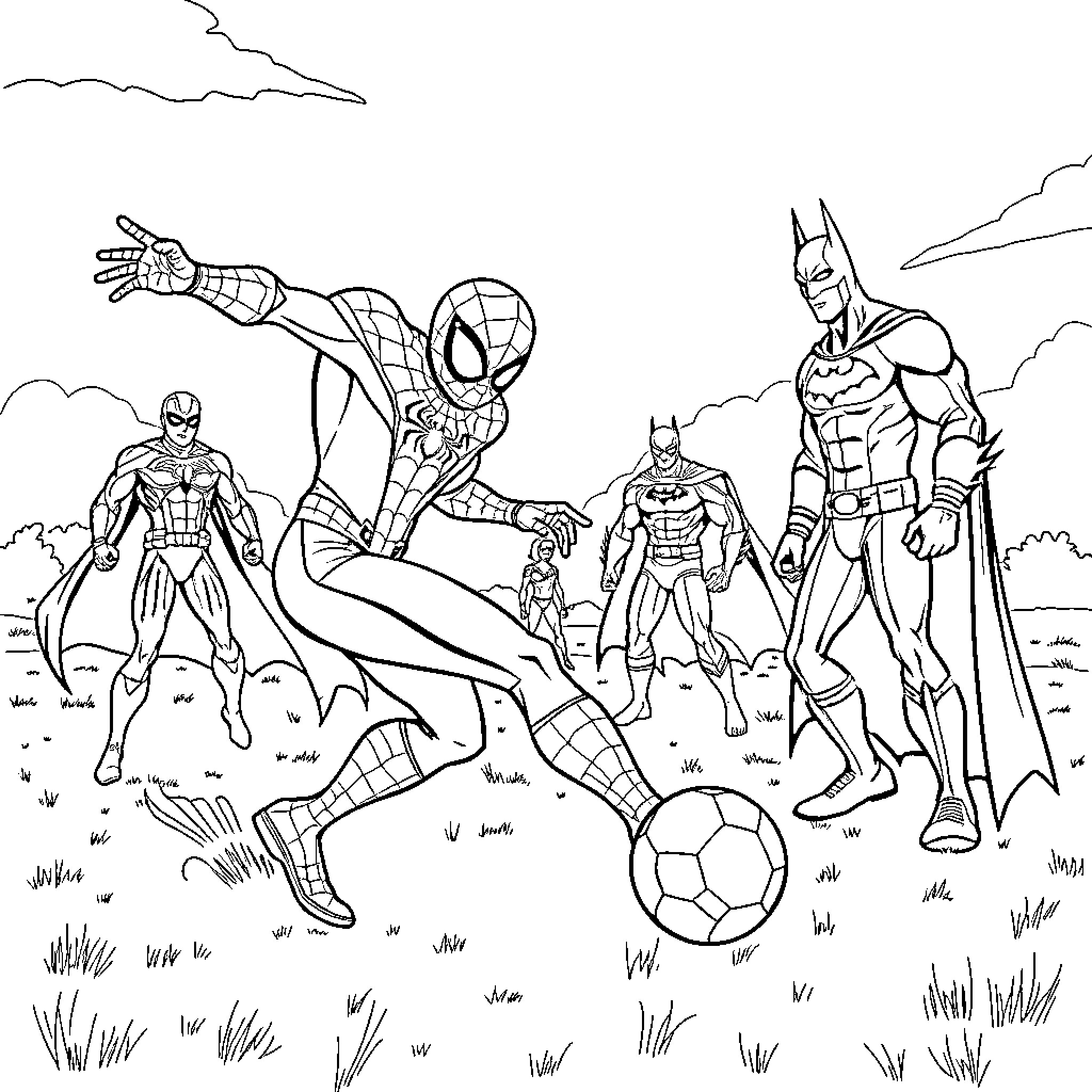 Superheroes in Action: Battling Villains and Playing Football Coloring Page (free black-and-white line drawing printable PDF for all, from beginners to advanced learners, including children, teens, adults, and seniors)