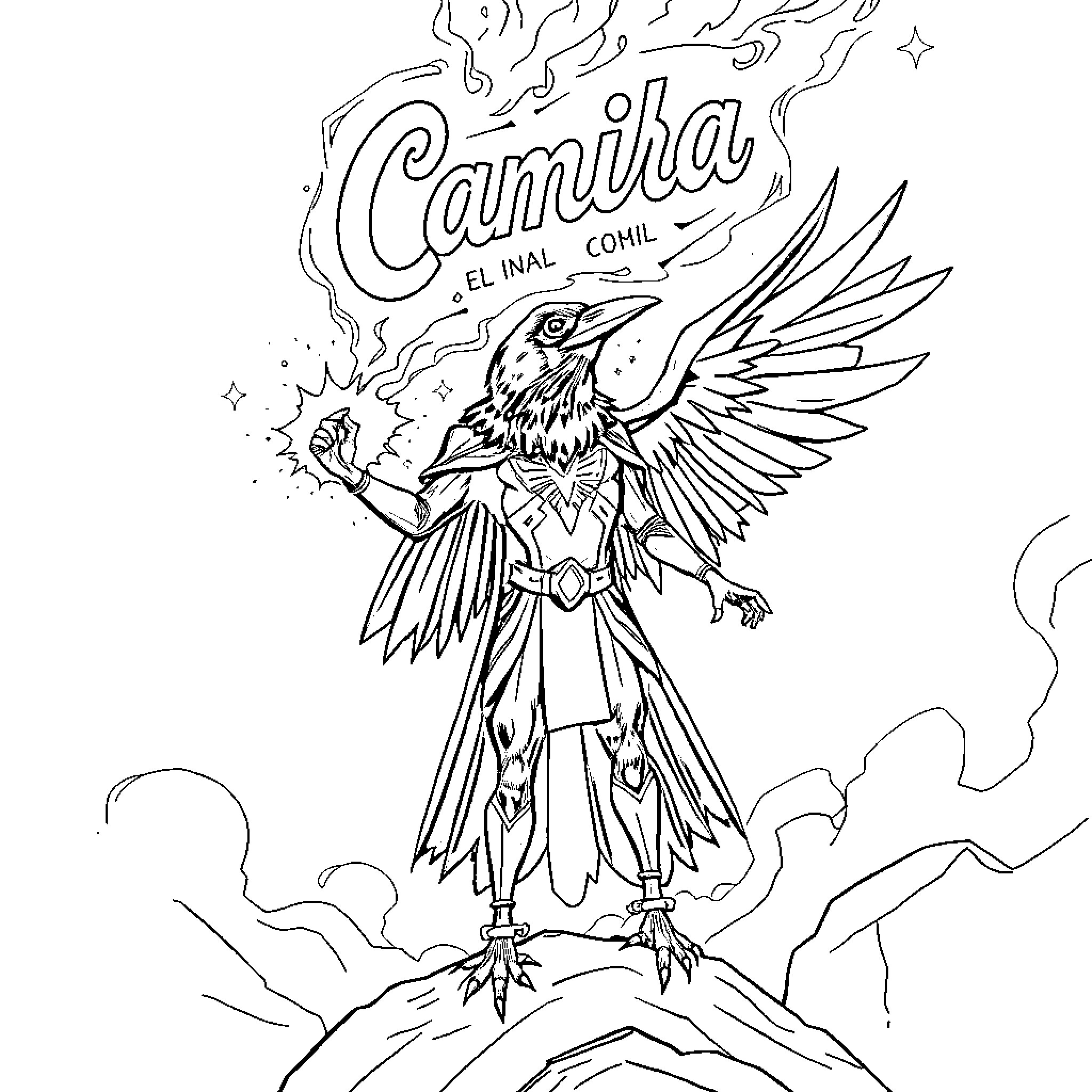 Raven soaring over a fantastical landscape Coloring Page (free black-and-white line drawing printable PDF for all, from beginners to advanced learners, including children, teens, adults, and seniors)