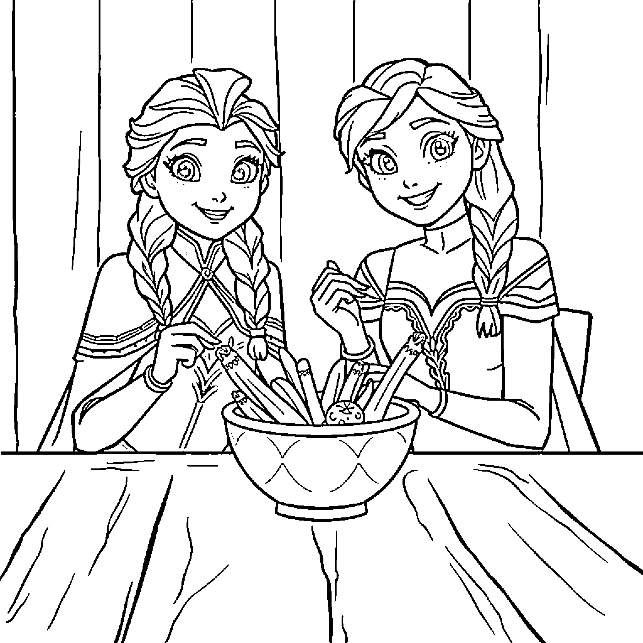 Elsa and Anna cooking together in the kitchen Coloring Page (free black-and-white line drawing printable PDF for all, from beginners to advanced learners, including children, teens, adults, and seniors)