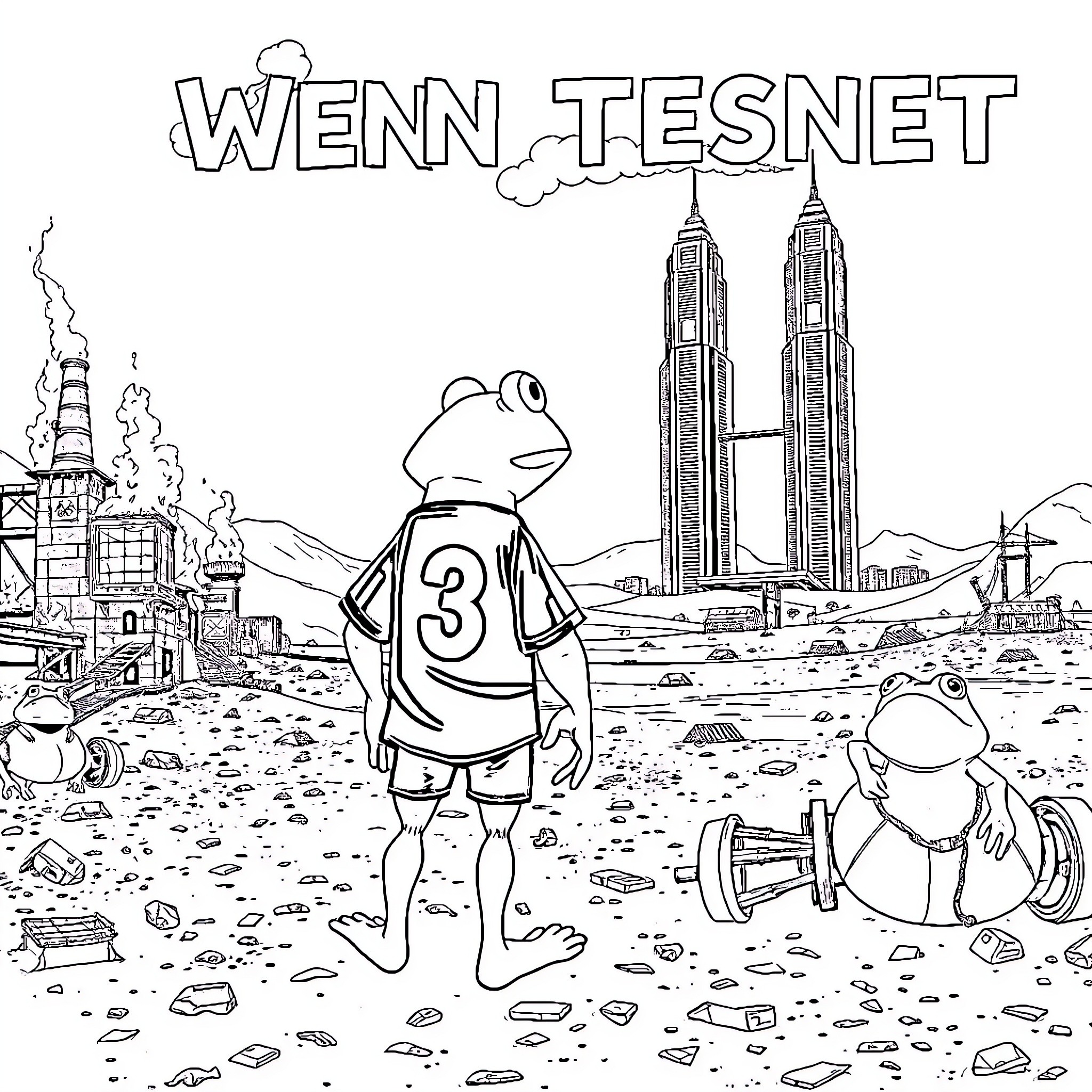 Frog playing on beach with city skyline Coloring Page (free black-and-white line drawing printable PDF for all, from beginners to advanced learners, including children, teens, adults, and seniors)