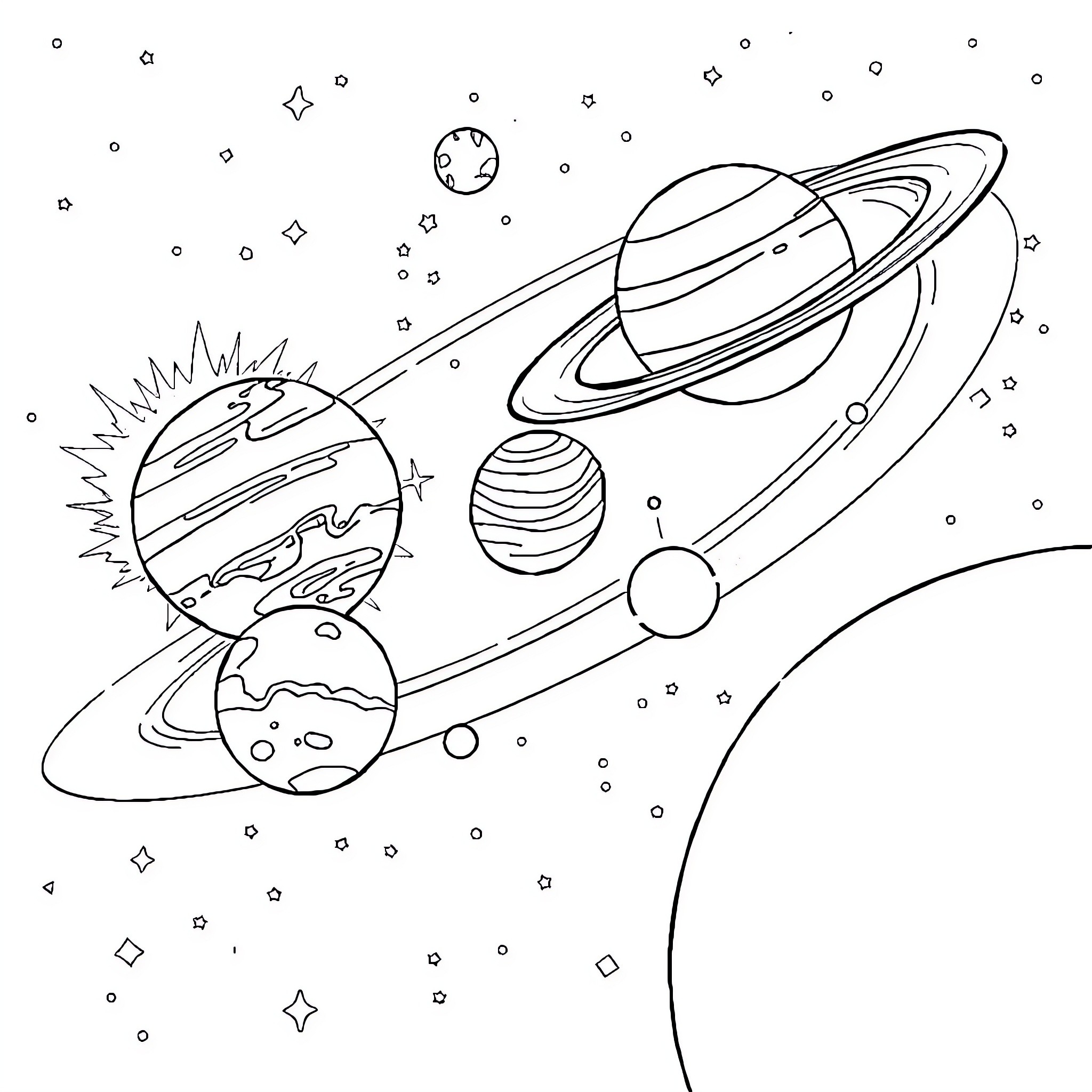Planet Exploration in the Cosmic Expanse Coloring Page (free black-and-white line drawing printable PDF for all, from beginners to advanced learners, including children, teens, adults, and seniors)
