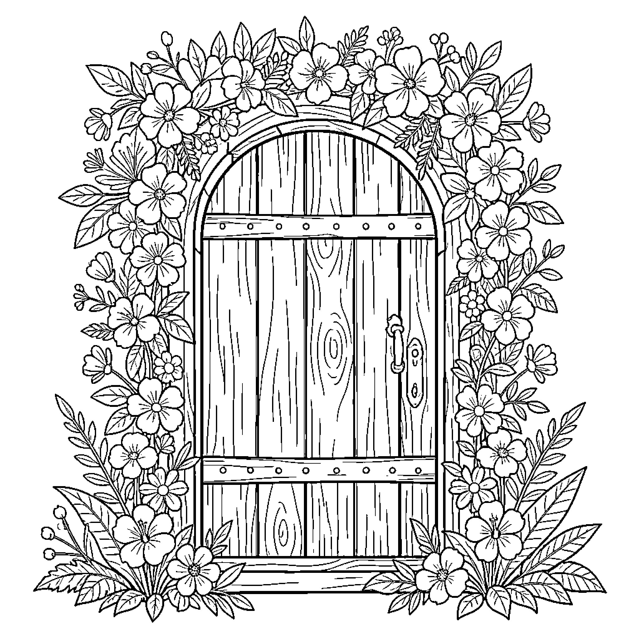 Door Adorned with Blooming Flowers and Leaves Coloring Page (free black-and-white line drawing printable PDF for all, from beginners to advanced learners, including children, teens, adults, and seniors)