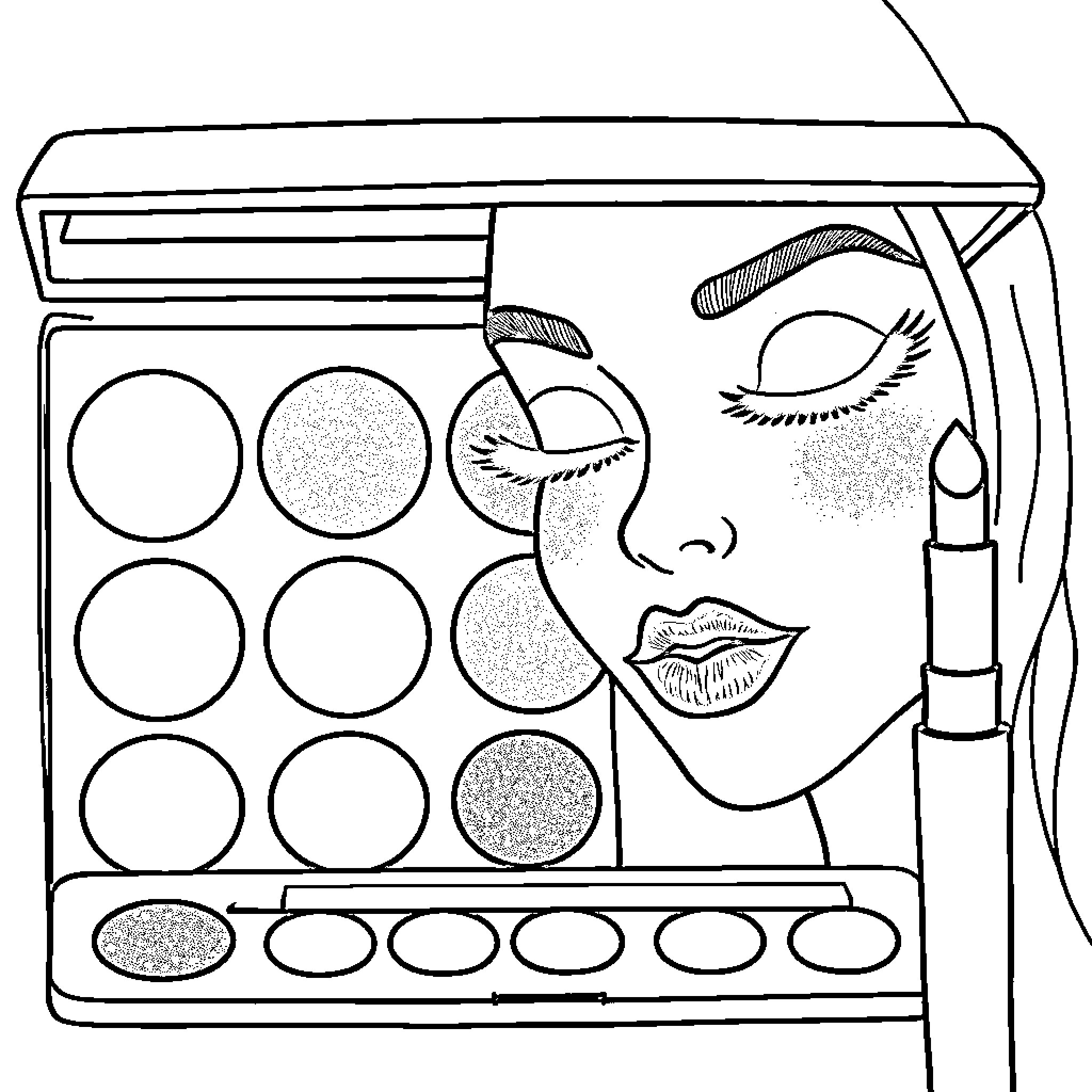 Makeup Palette of Elegant Expressions Coloring Page (free black-and-white line drawing printable PDF for all, from beginners to advanced learners, including children, teens, adults, and seniors)