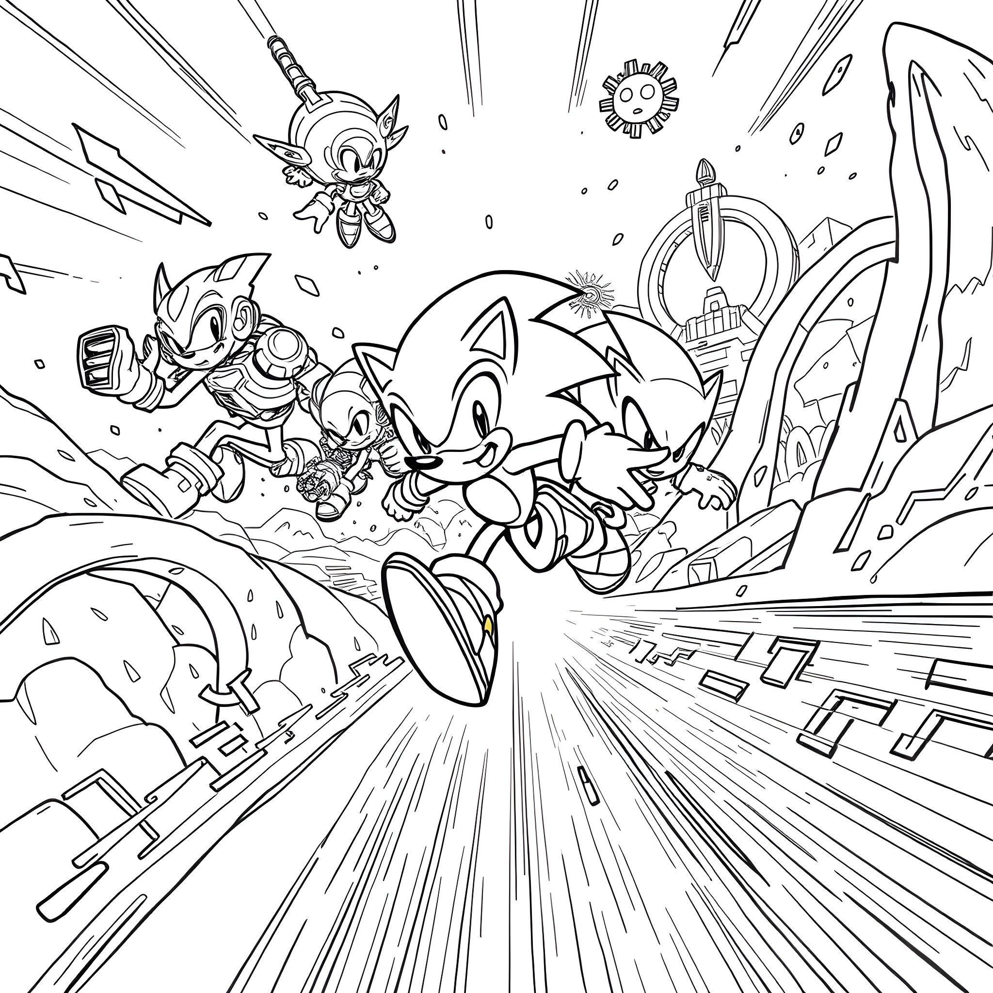 Sonic's Thrilling Adventure through Futuristic Landscapes Coloring Page (free black-and-white line drawing printable PDF for all, from beginners to advanced learners, including children, teens, adults, and seniors)