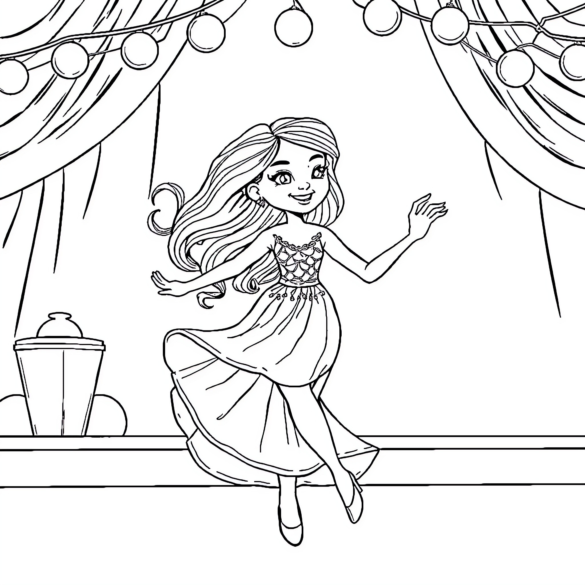 Chica dancing joyfully on stage Coloring Page (free black-and-white line drawing printable PDF for all, from beginners to advanced learners, including children, teens, adults, and seniors)