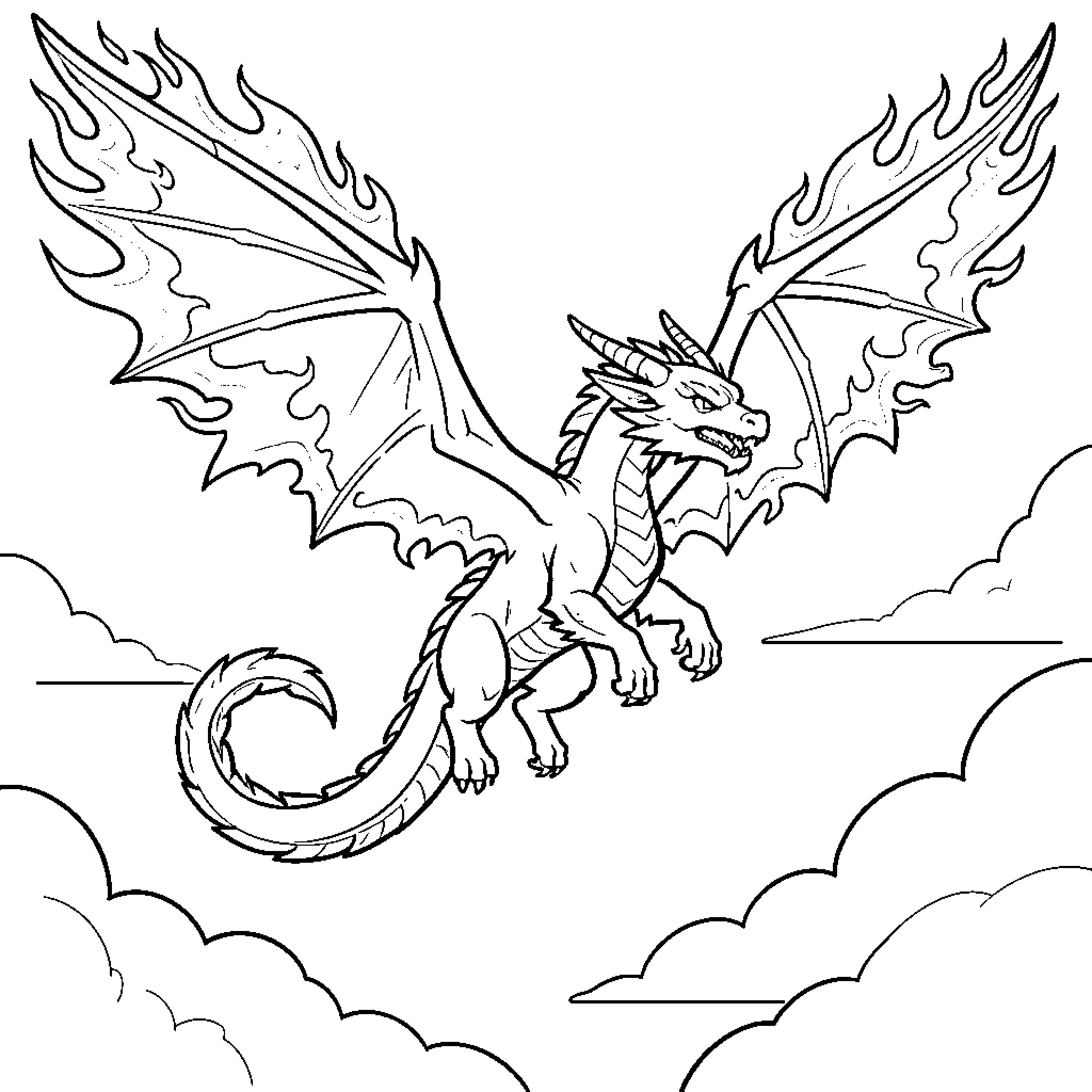 Dragon soaring through the clouds Coloring Page (free black-and-white line drawing printable PDF for all, from beginners to advanced learners, including children, teens, adults, and seniors)