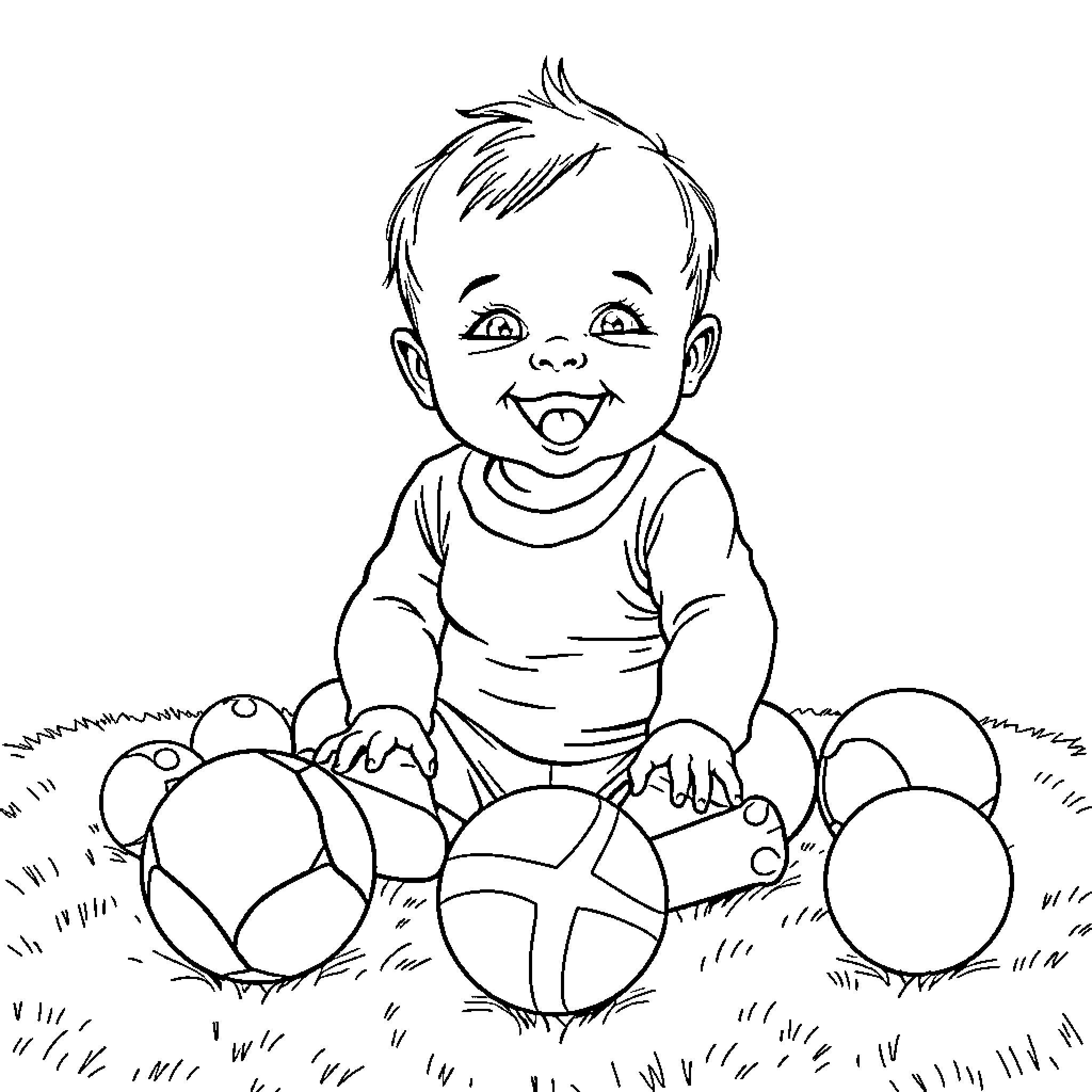Baby playing with colorful balls on the grass Coloring Page (free black-and-white line drawing printable PDF for all, from beginners to advanced learners, including children, teens, adults, and seniors)