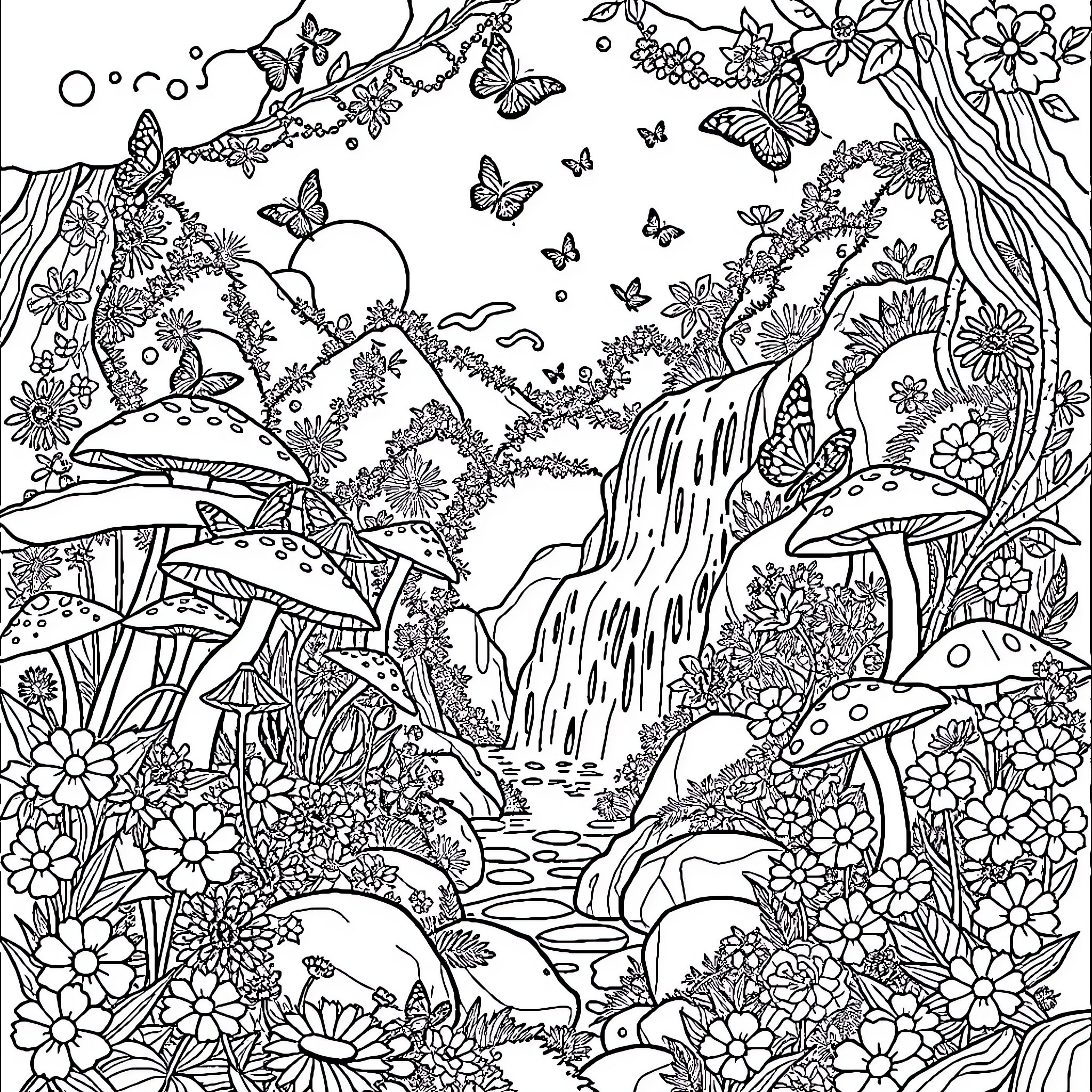 Mushroom Wonderland with Butterflies and Flowers Coloring Page (free black-and-white line drawing printable PDF for all, from beginners to advanced learners, including children, teens, adults, and seniors)