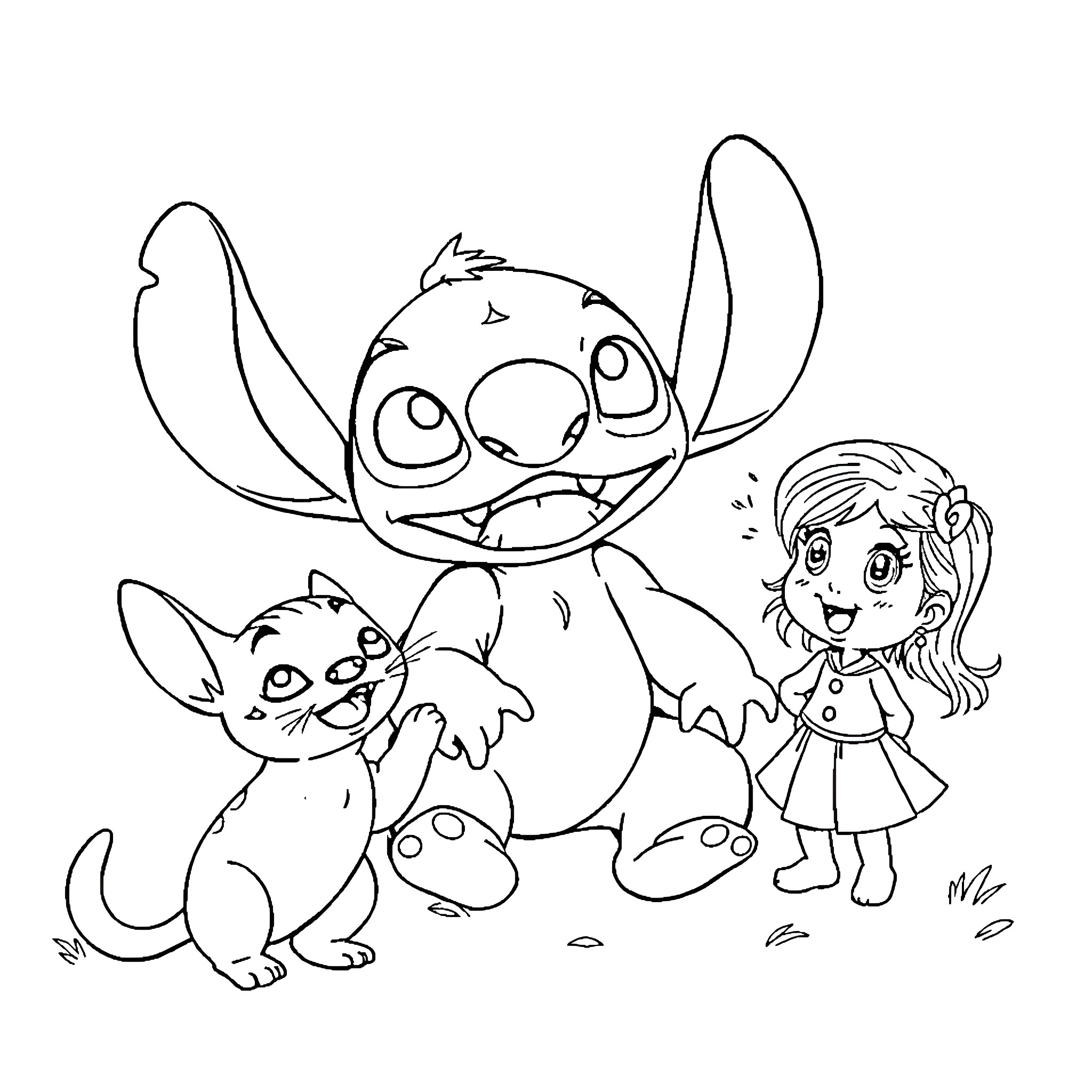 Stitch and friends playing together outdoors Coloring Page (free black-and-white line drawing printable PDF for all, from beginners to advanced learners, including children, teens, adults, and seniors)