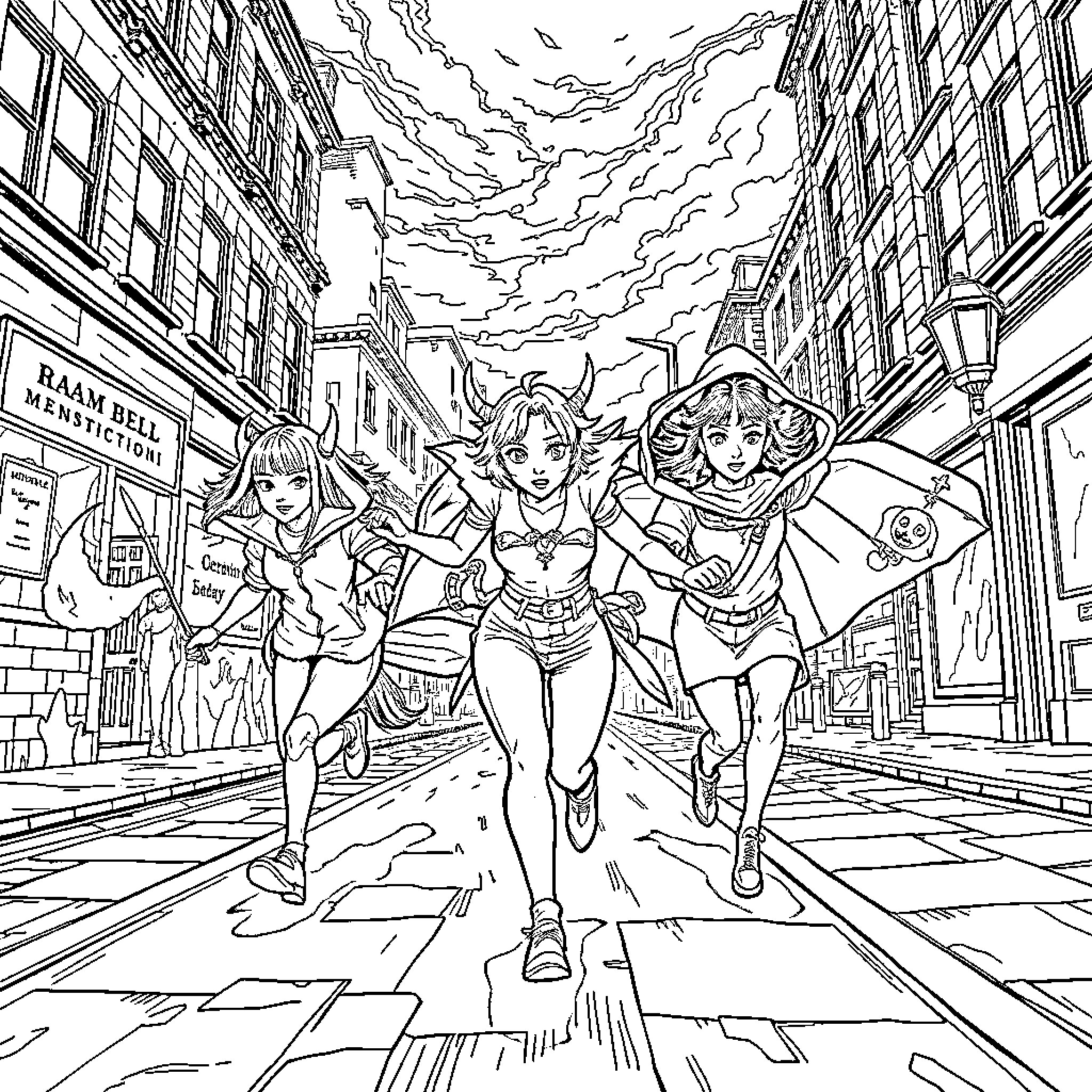 Demon Trio Battling Through the City Streets Coloring Page (free black-and-white line drawing printable PDF for all, from beginners to advanced learners, including children, teens, adults, and seniors)